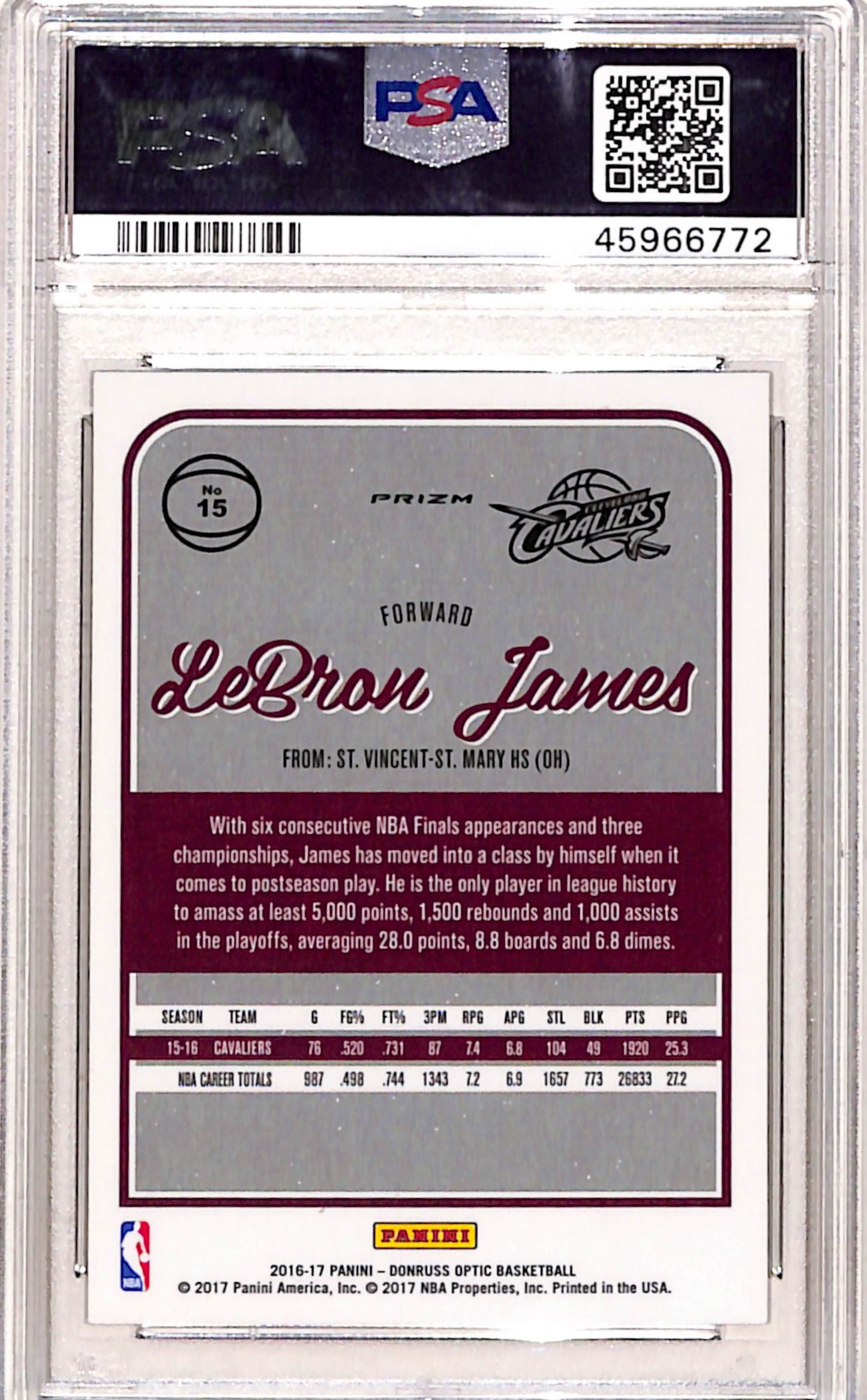 LeBron James 2016 Donruss Optic #15 Holo PSA 10 Gem Mint