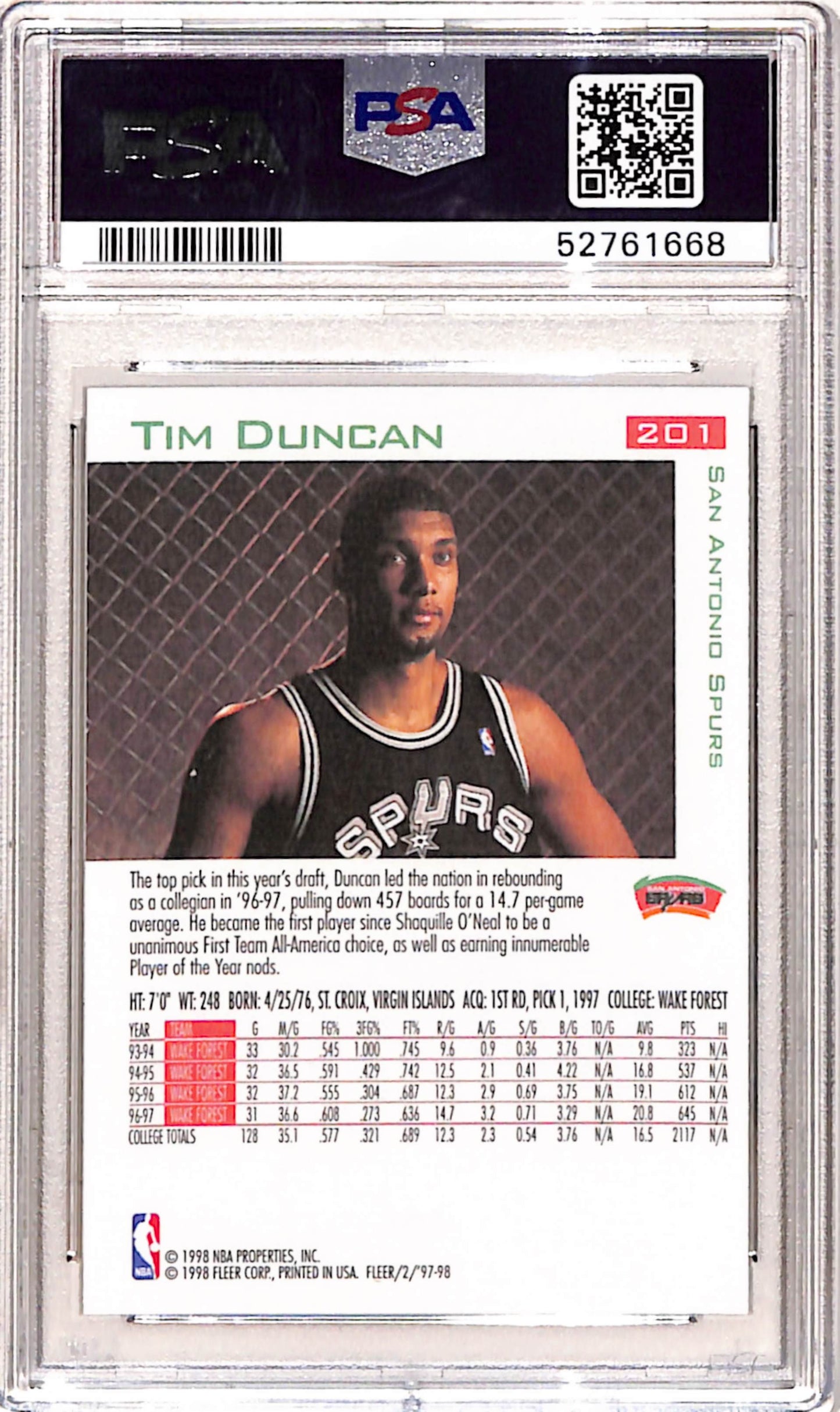 Tim Duncan 1997 Fleer Rookie #201 PSA 10 Gem Mint 1668