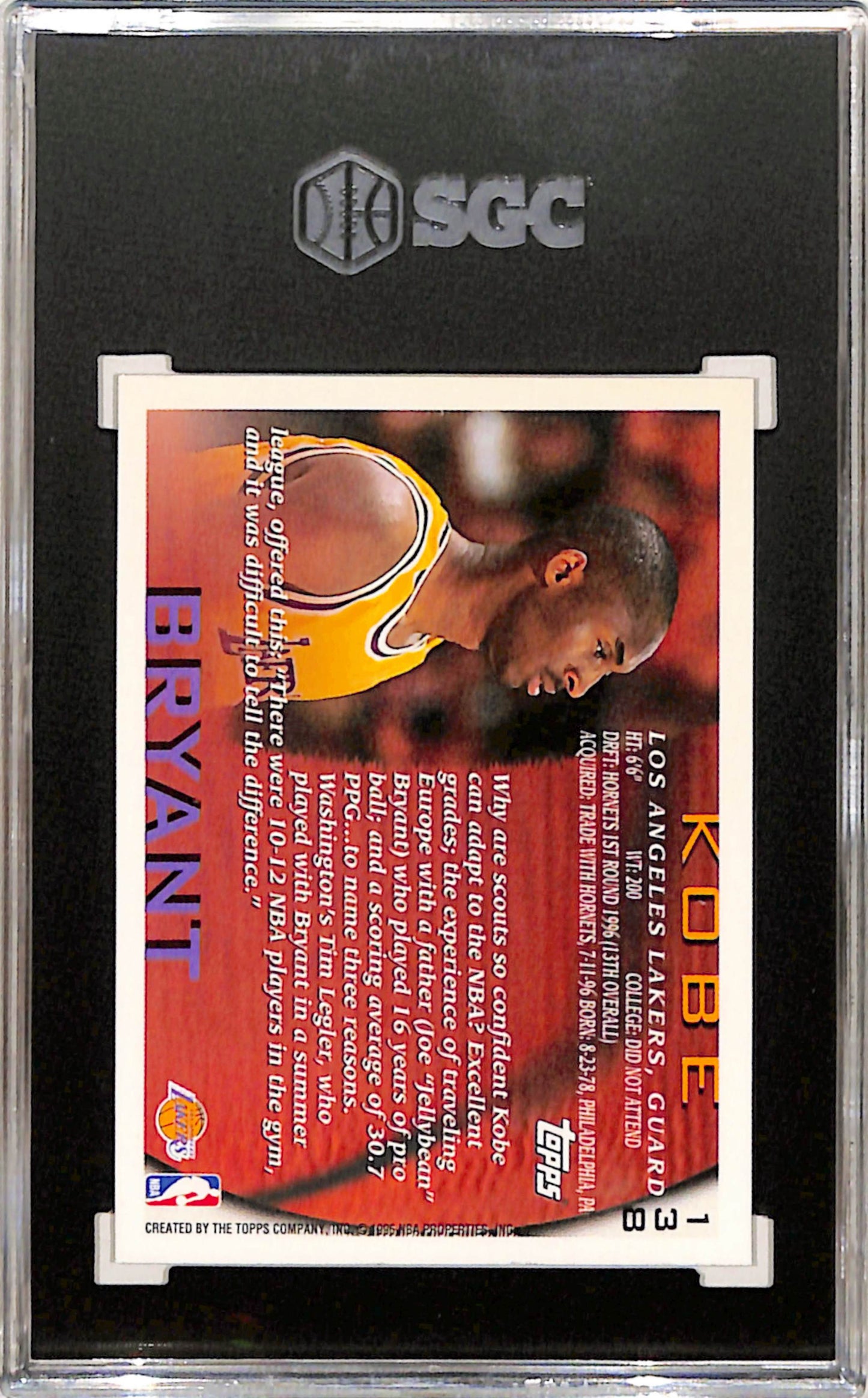 Kobe Bryant 1996 Topps Rookie #138 SGC 9.5 Mint+