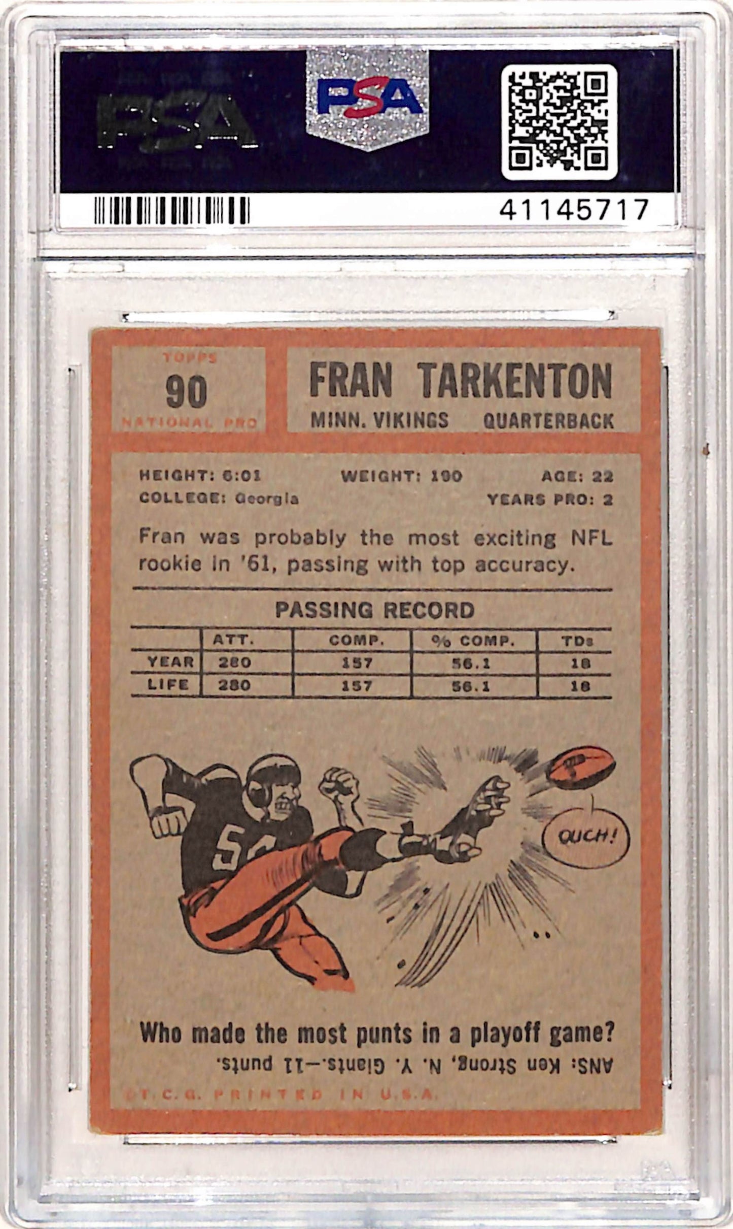 Fran Tarkenton 1962 Topps Rookie #90 PSA 4 VG-EX