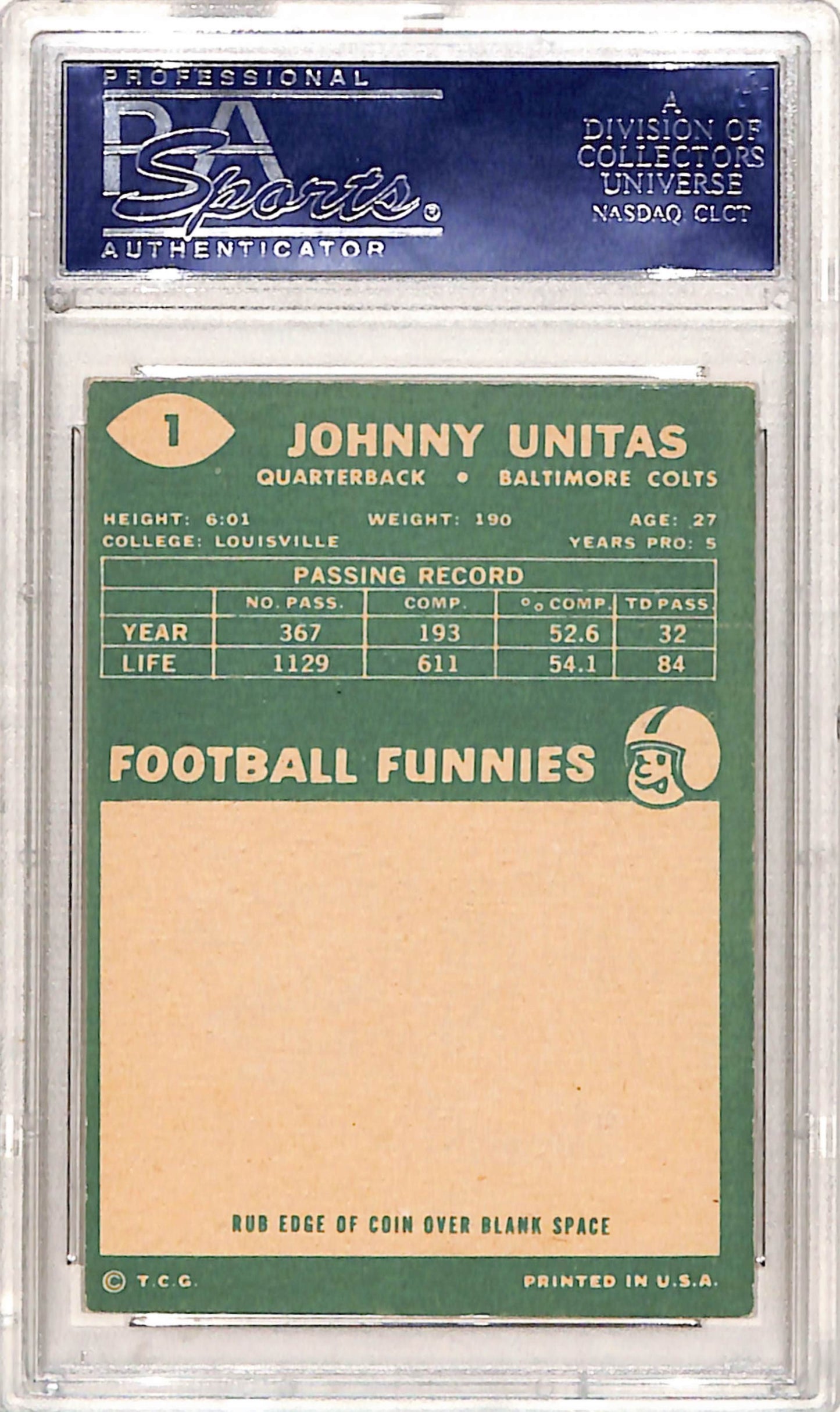 Johnny Unitas 1960 Topps #1 PSA 6 Ex-MINT
