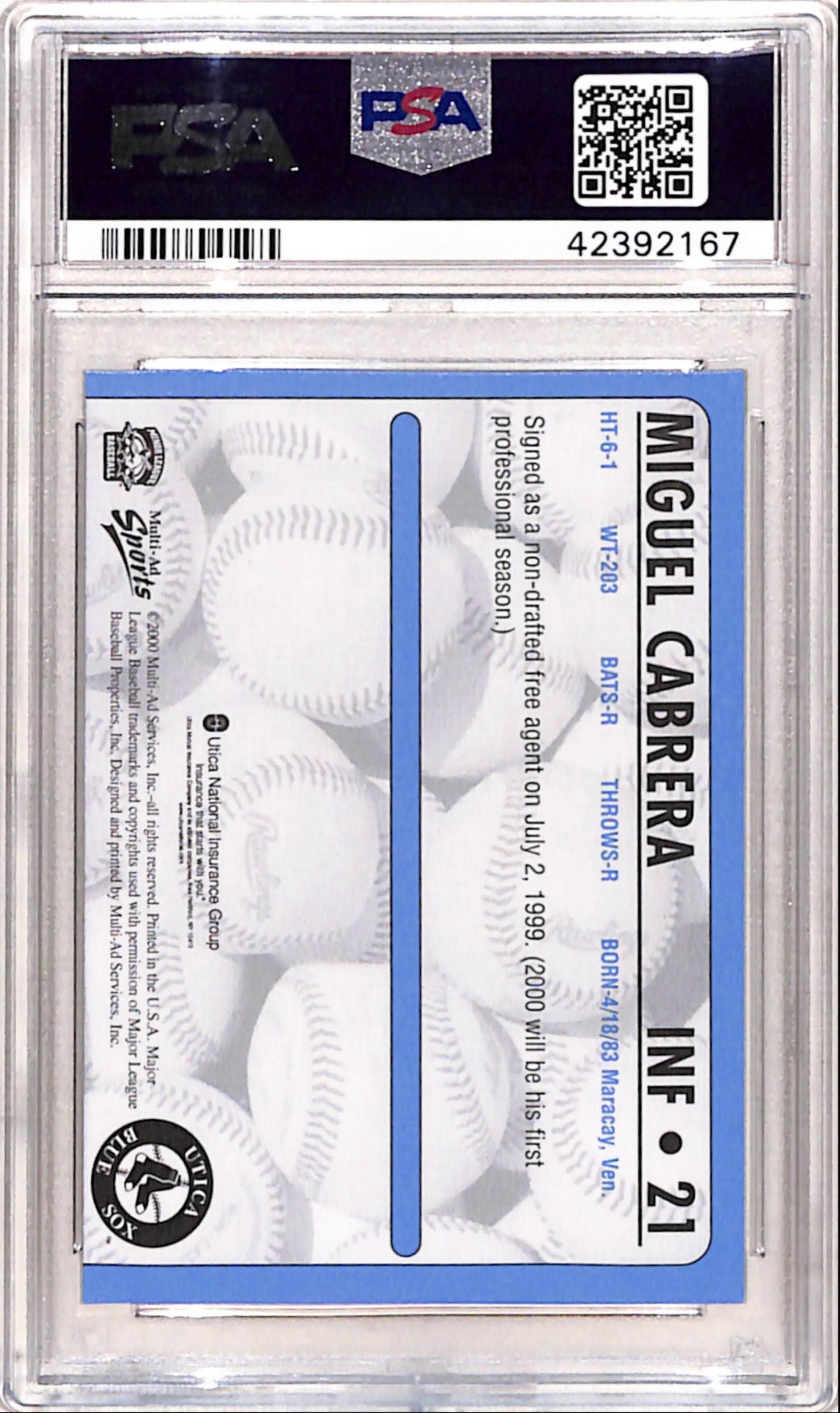 Miguel Cabrera 2000 Multi-Ad Utica Blue Sox #21 PSA 10 Gem Mint