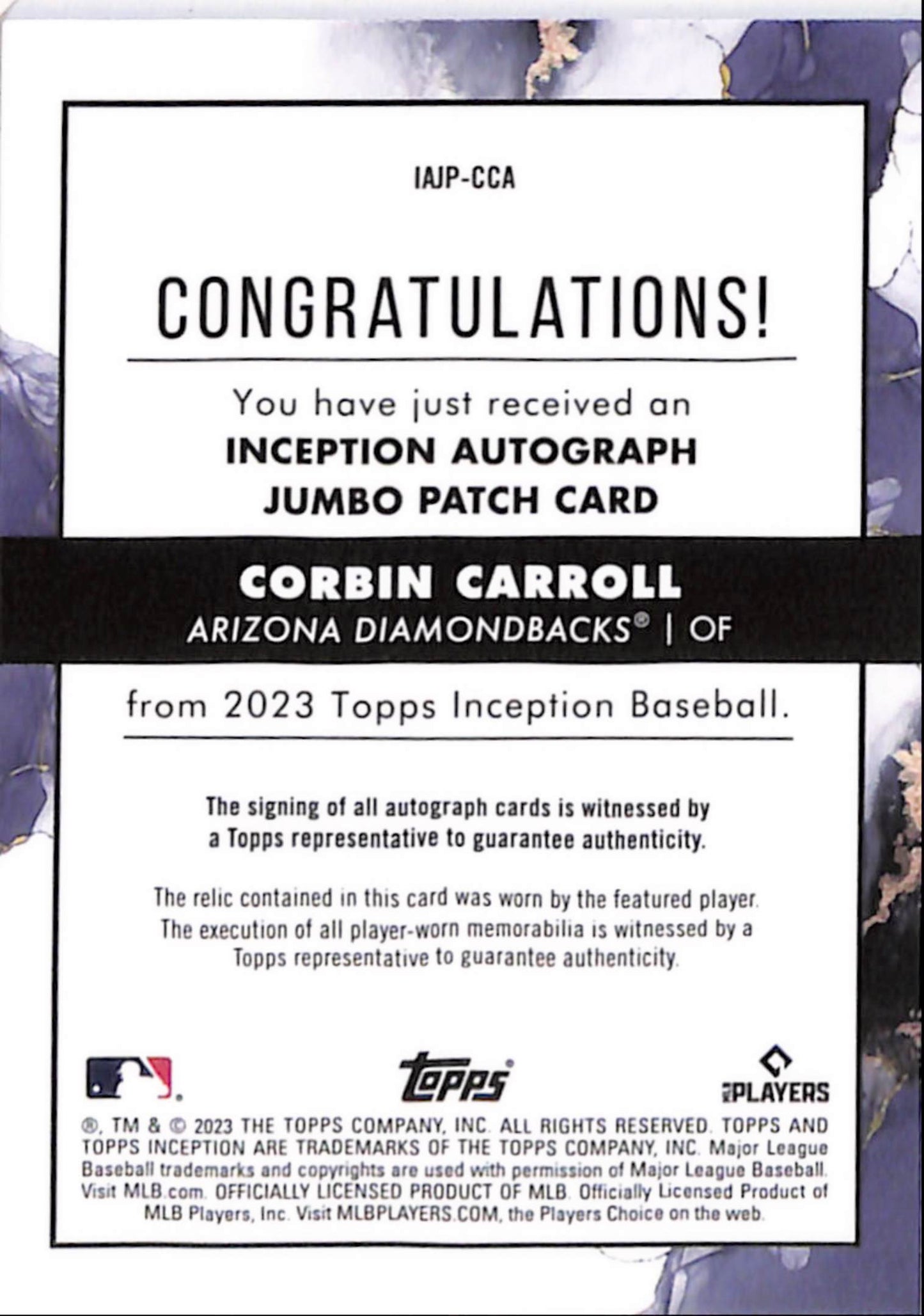 Corbin Carroll 2023 Topps Inception Rookie Patch Auto #49/99