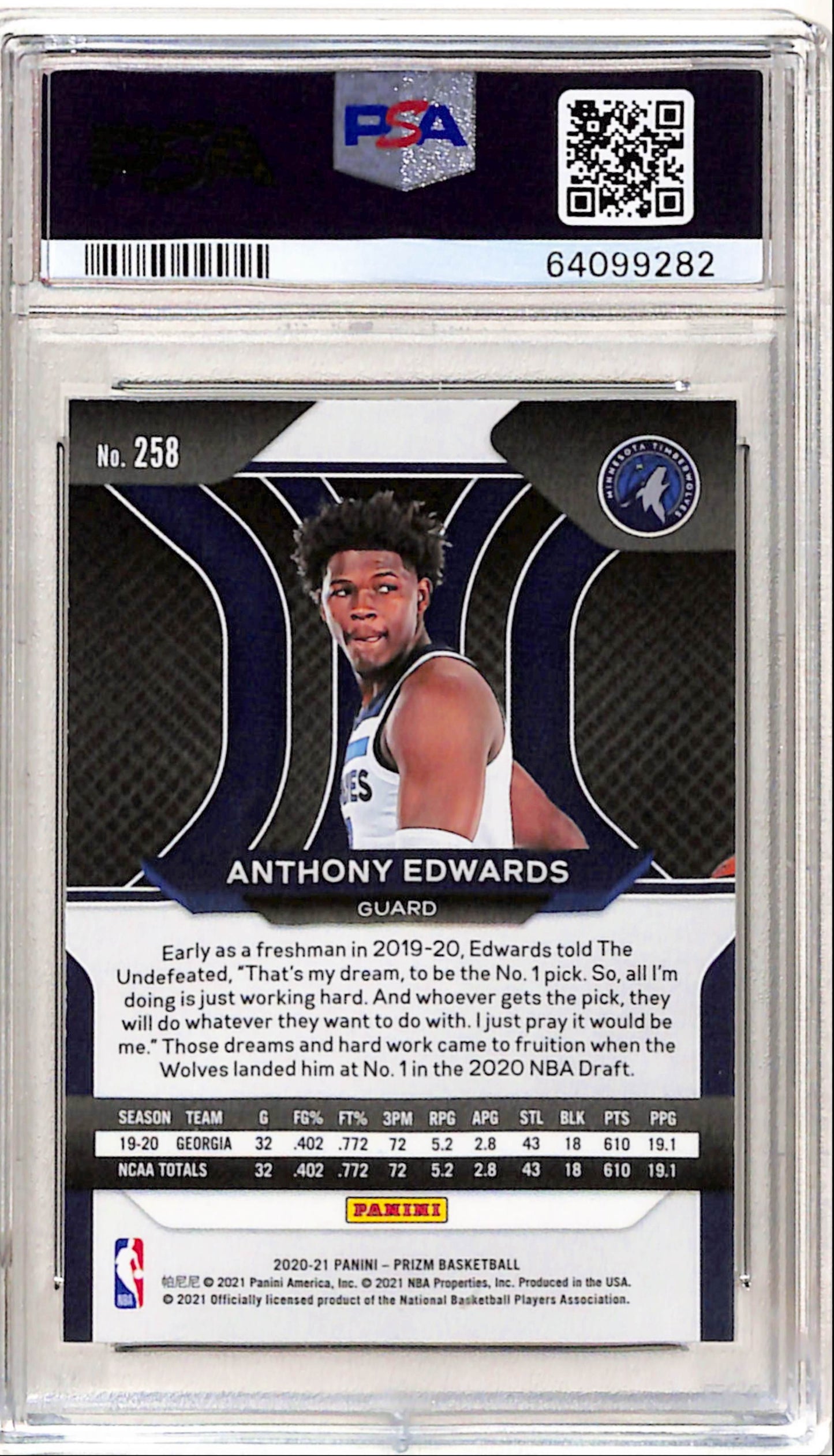 Anthony Edwards 2020 Panini Prizm Rookie #258 PSA 10 Gem Mint 9282