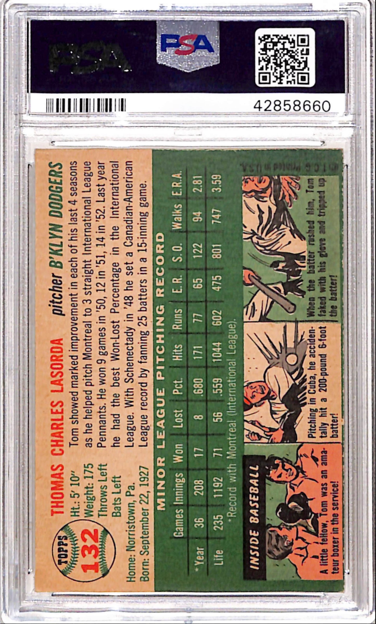 Tom Lasorda 1954 Topps Rookie #132 PSA 7 Near Mint