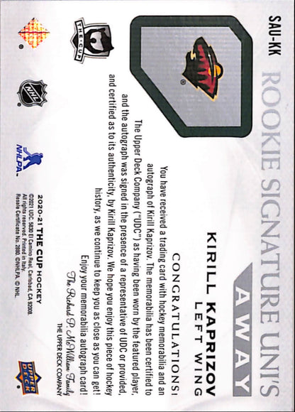 Kirill Kaprizov 2020 Upper Deck The Cup Rookie Signatures Away Patch Auto #43/49