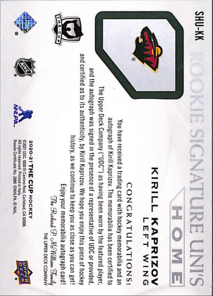 Kirill Kaprizov 2020 Upper Deck The Cup Rookie Signatures Home Patch Auto #23/49