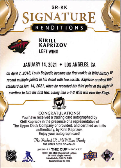 Kirill Kaprizov 2020 Upper Deck The Cup Signature Renditions Auto