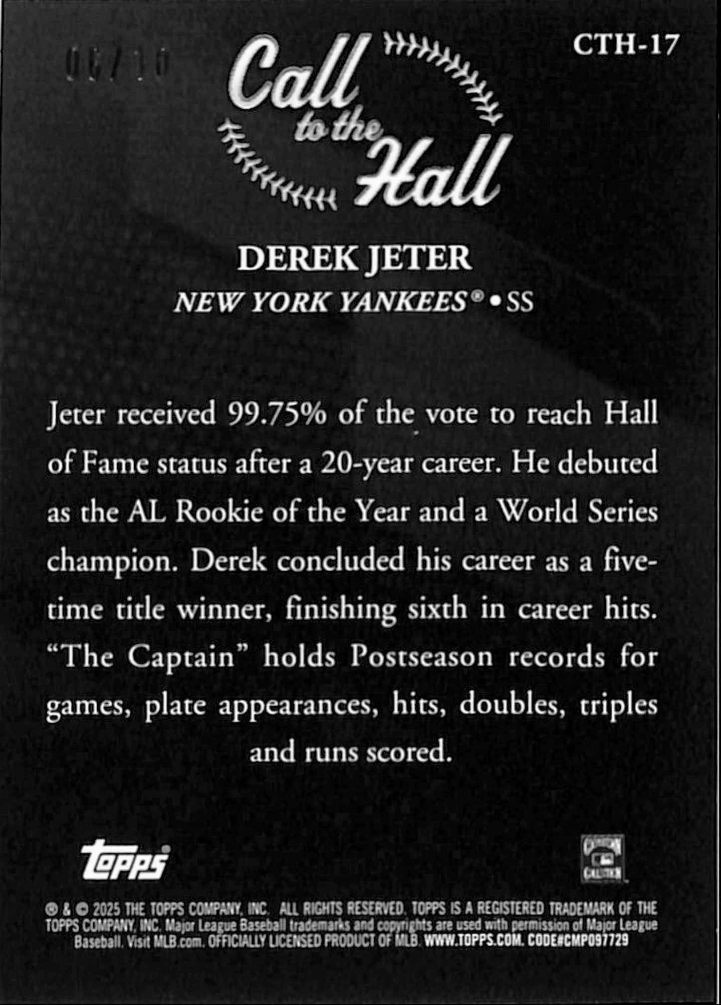 Derek Jeter 2025 Topps Call to the Hall Black Parallel #6/10