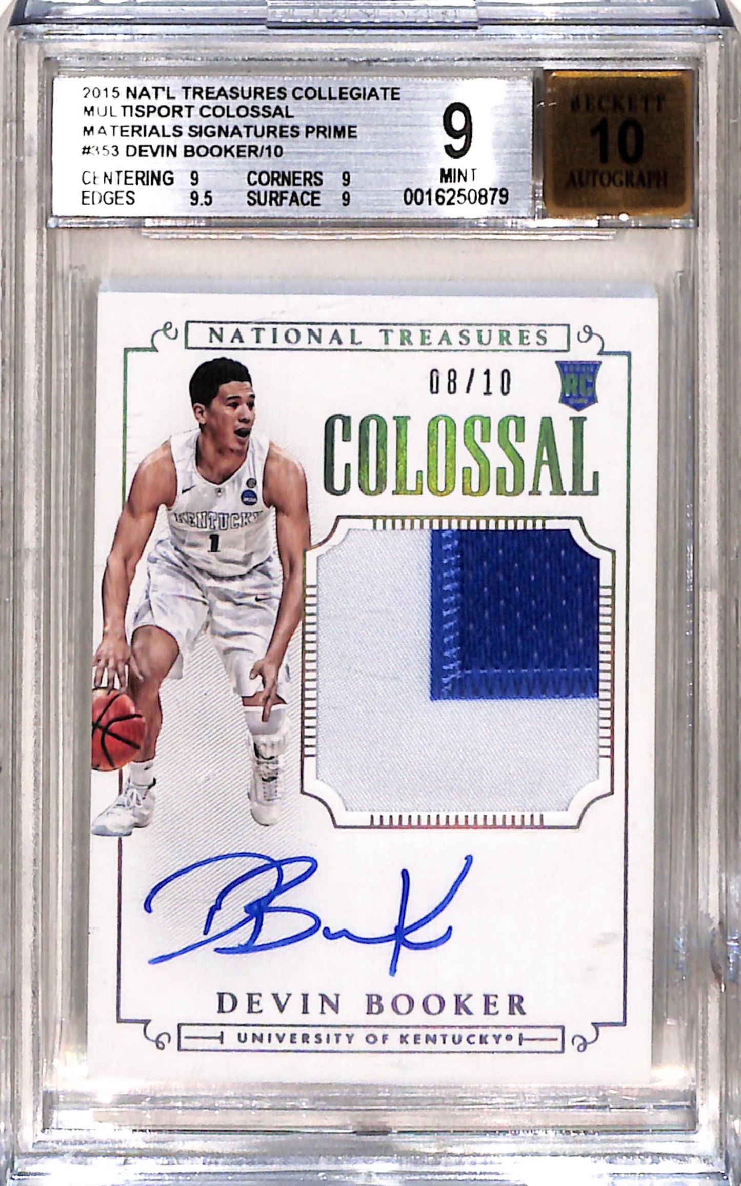 Devin Booker 2015 National Treasures Collegiate Colossal Patch Auto #8/10 BGS 9 Auto 10