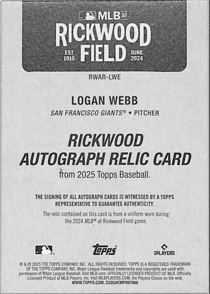 Logan Webb 2025 Topps Rickwood Patch Auto #6/25