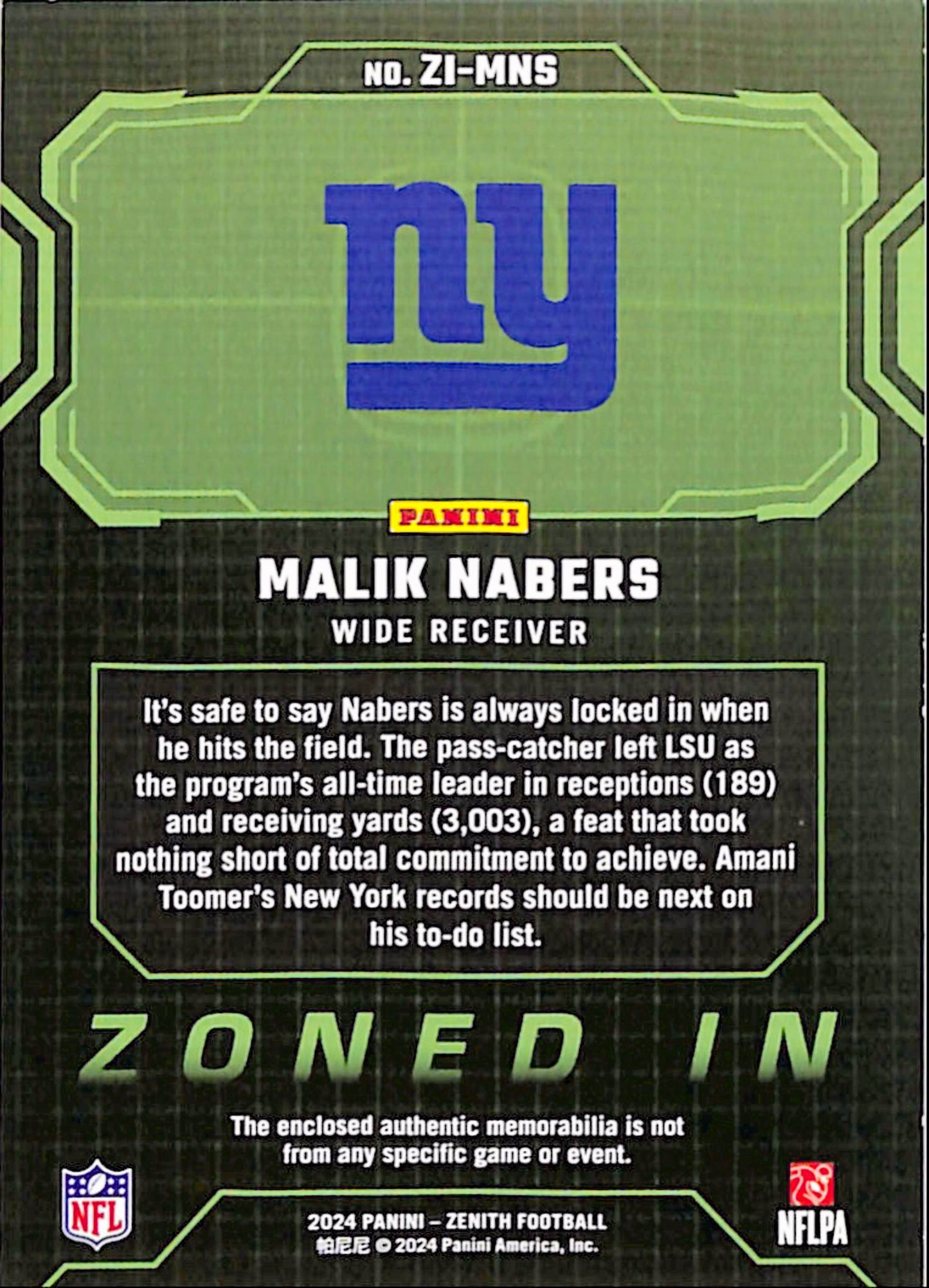 Malik Nabers 2024 Panini Zenith Zoned In Nike Swoosh Patch #1/1