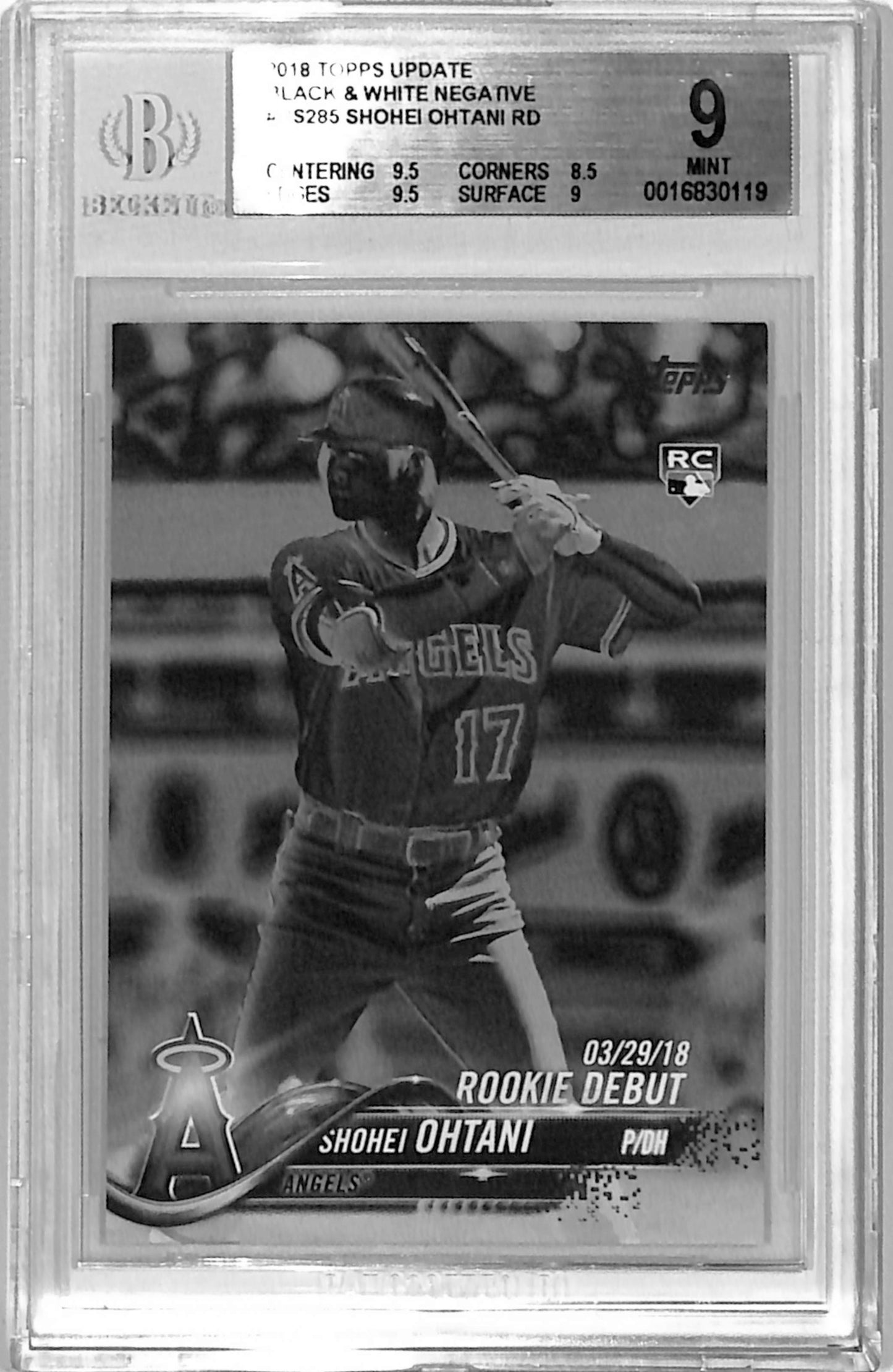 Shohei Ohtani 2018 Topps Update Rookie #US285 Black White Negative BGS 9 Mint