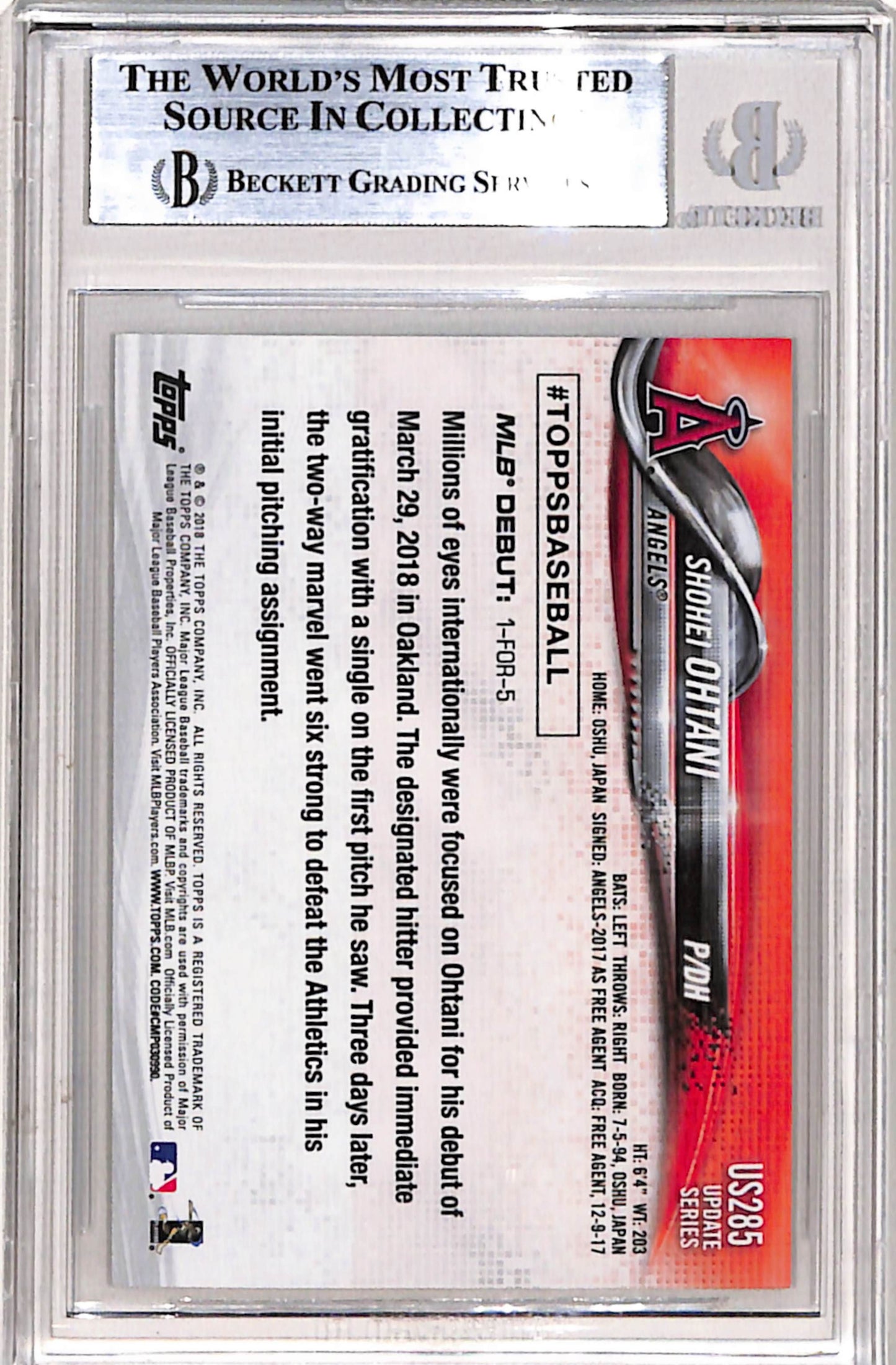 Shohei Ohtani 2018 Topps Update Rookie #US285 Black White Negative BGS 9 Mint