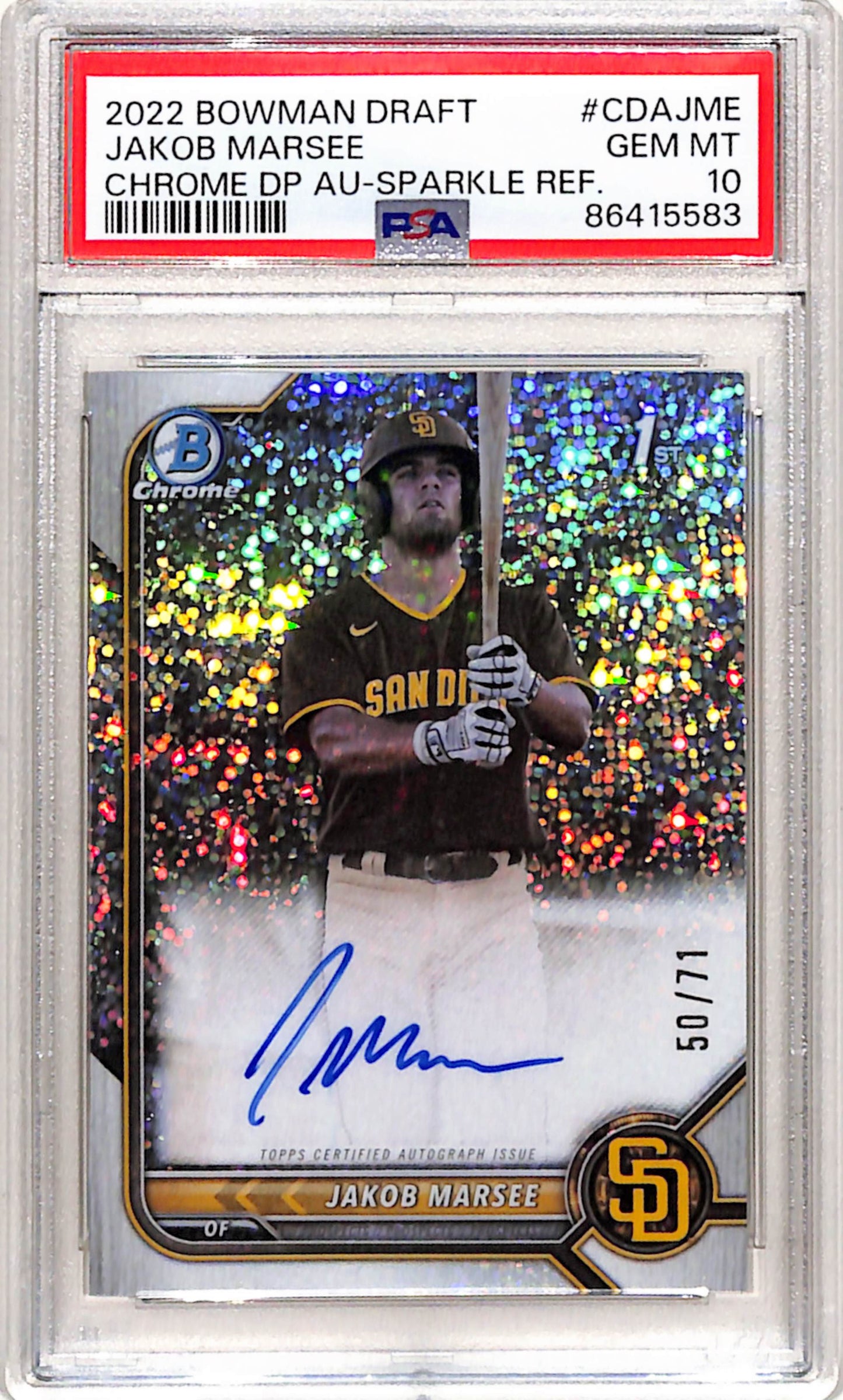 Jakob Marsee 2022 Bowman Chrome Draft Sparkle Refractor Auto #50/71 PSA 10 Gem Mint