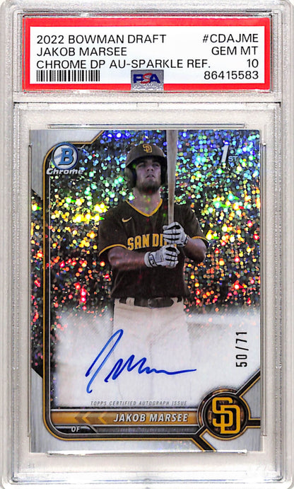 Jakob Marsee 2022 Bowman Chrome Draft Sparkle Refractor Auto #50/71 PSA 10 Gem Mint