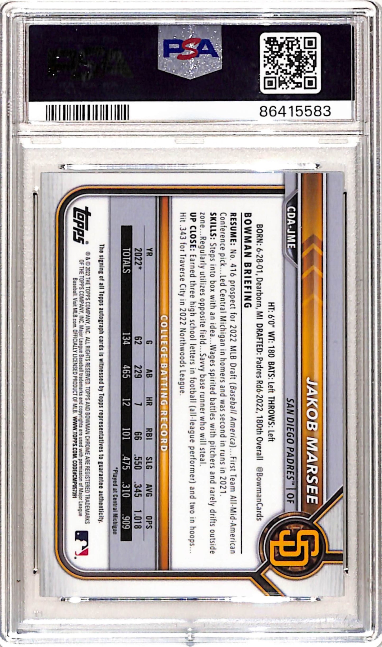 Jakob Marsee 2022 Bowman Chrome Draft Sparkle Refractor Auto #50/71 PSA 10 Gem Mint