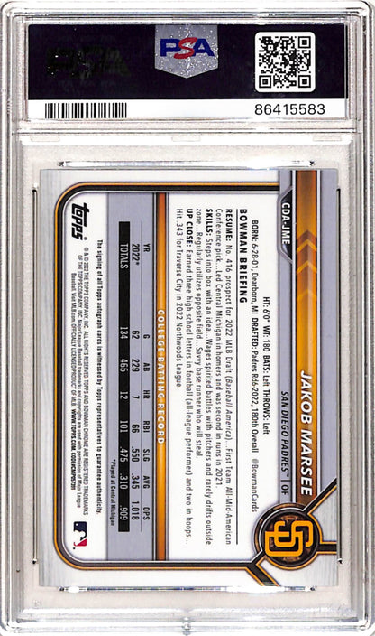 Jakob Marsee 2022 Bowman Chrome Draft Sparkle Refractor Auto #50/71 PSA 10 Gem Mint