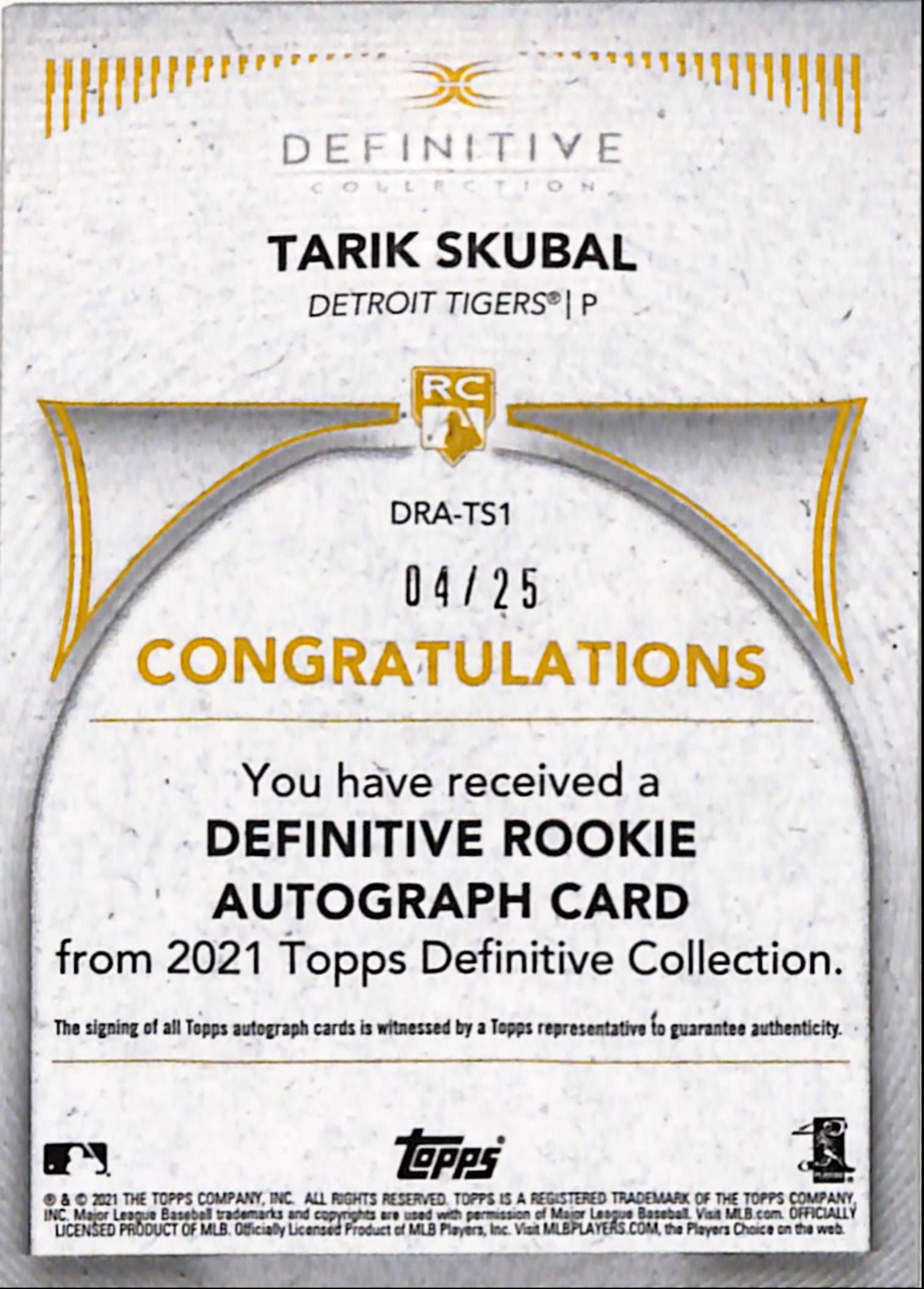 Tarik Skubal 2021 Topps Definitive Green Rookie Auto #4/25