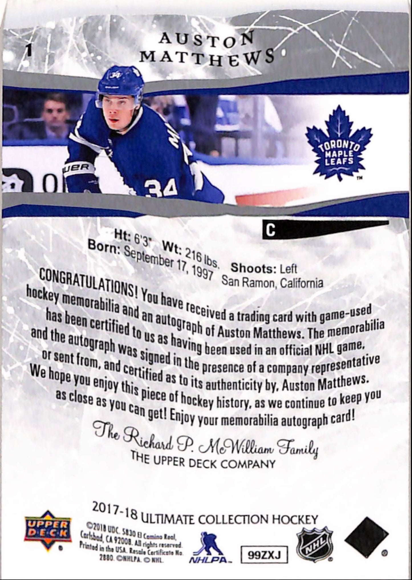 Auston Matthews 2017 Upper Deck Ultimate Collection Auto Jersey