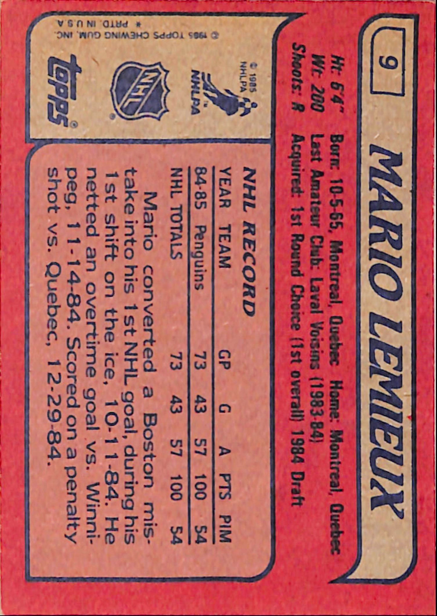 Mario Lemieux 1985 Topps Rookie #9 Near Mint