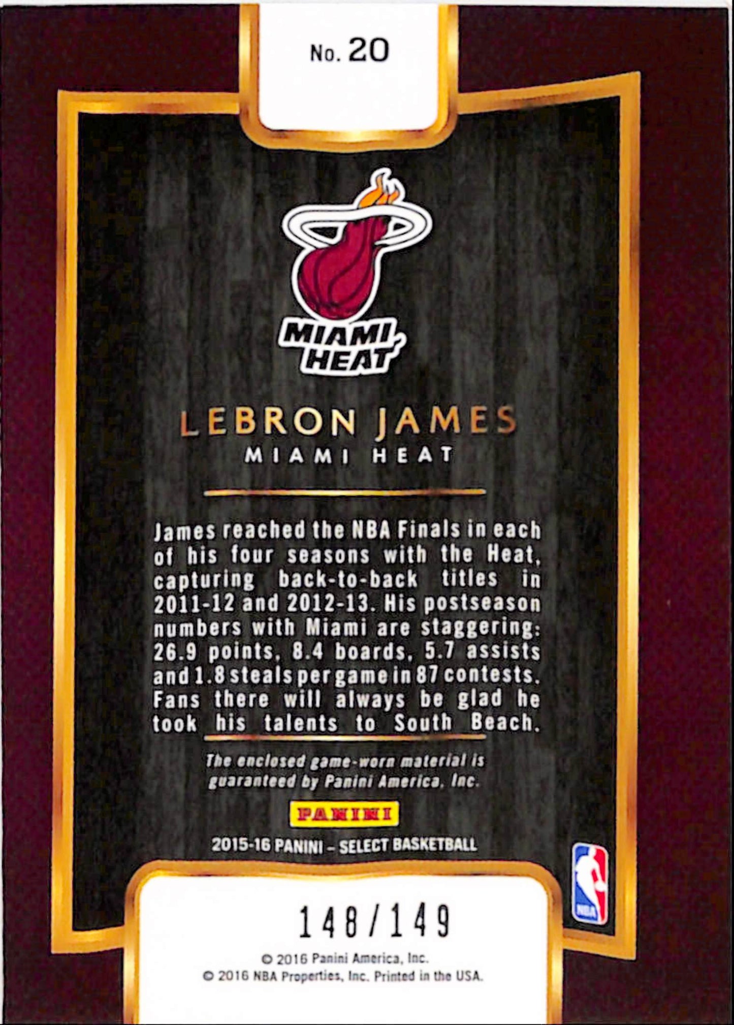 LeBron James 2015 Panini Select Throwback Game-Worn Jersey #148/149