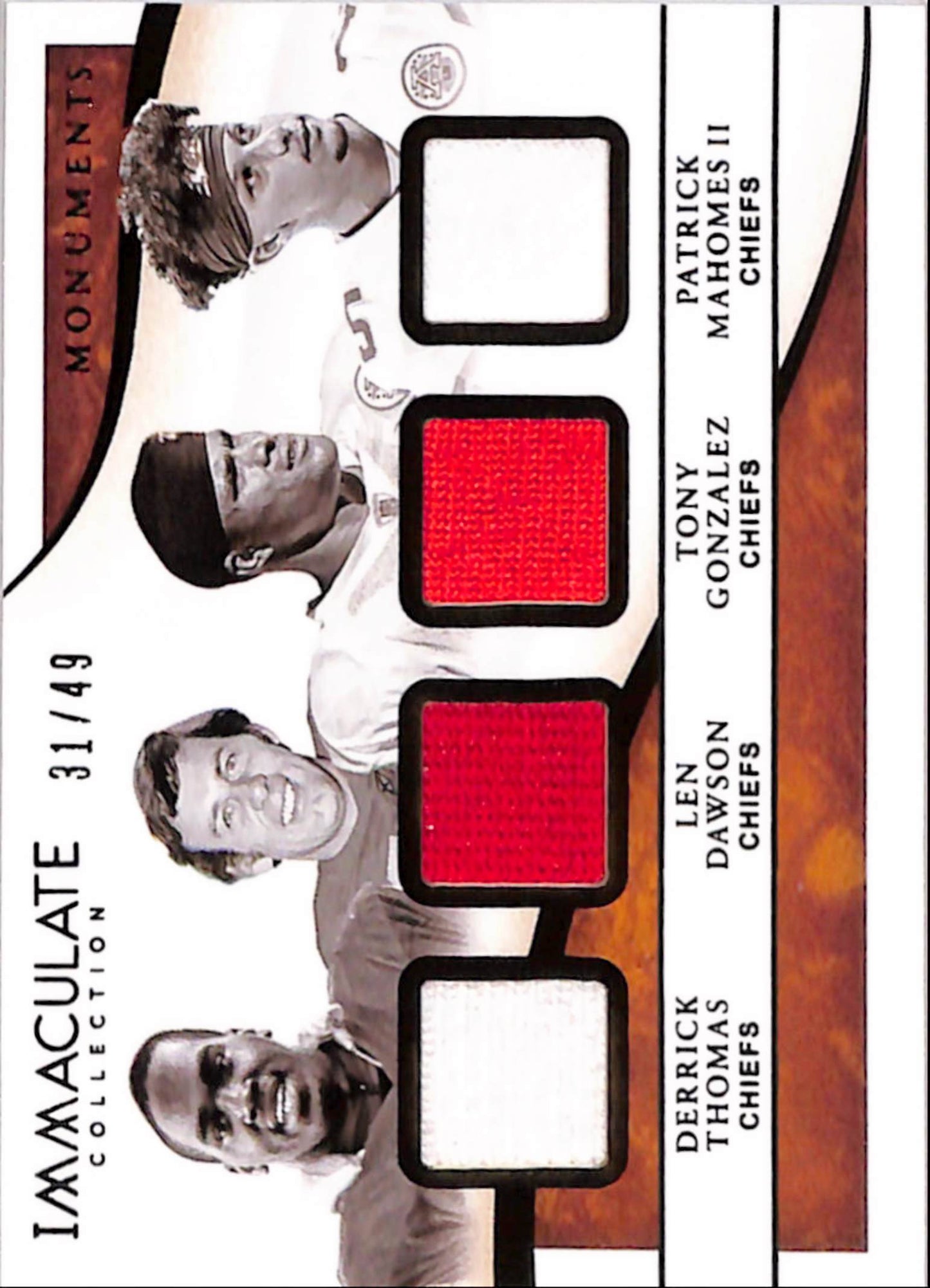 Derrick Thomas + Len Dawson + Tony Gonzalez + Patrick Mahomes 2020 Panini Immaculate Quad Jersey #31/49