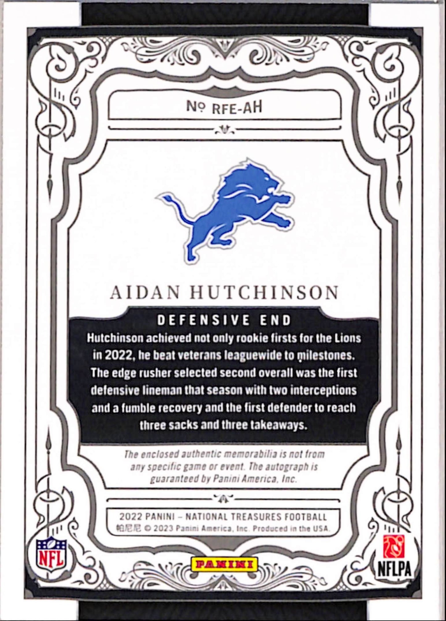 Aidan Hutchinson 2022 Panini National Treasures Rookie First Signatures Patch Auto Booklet #89/99