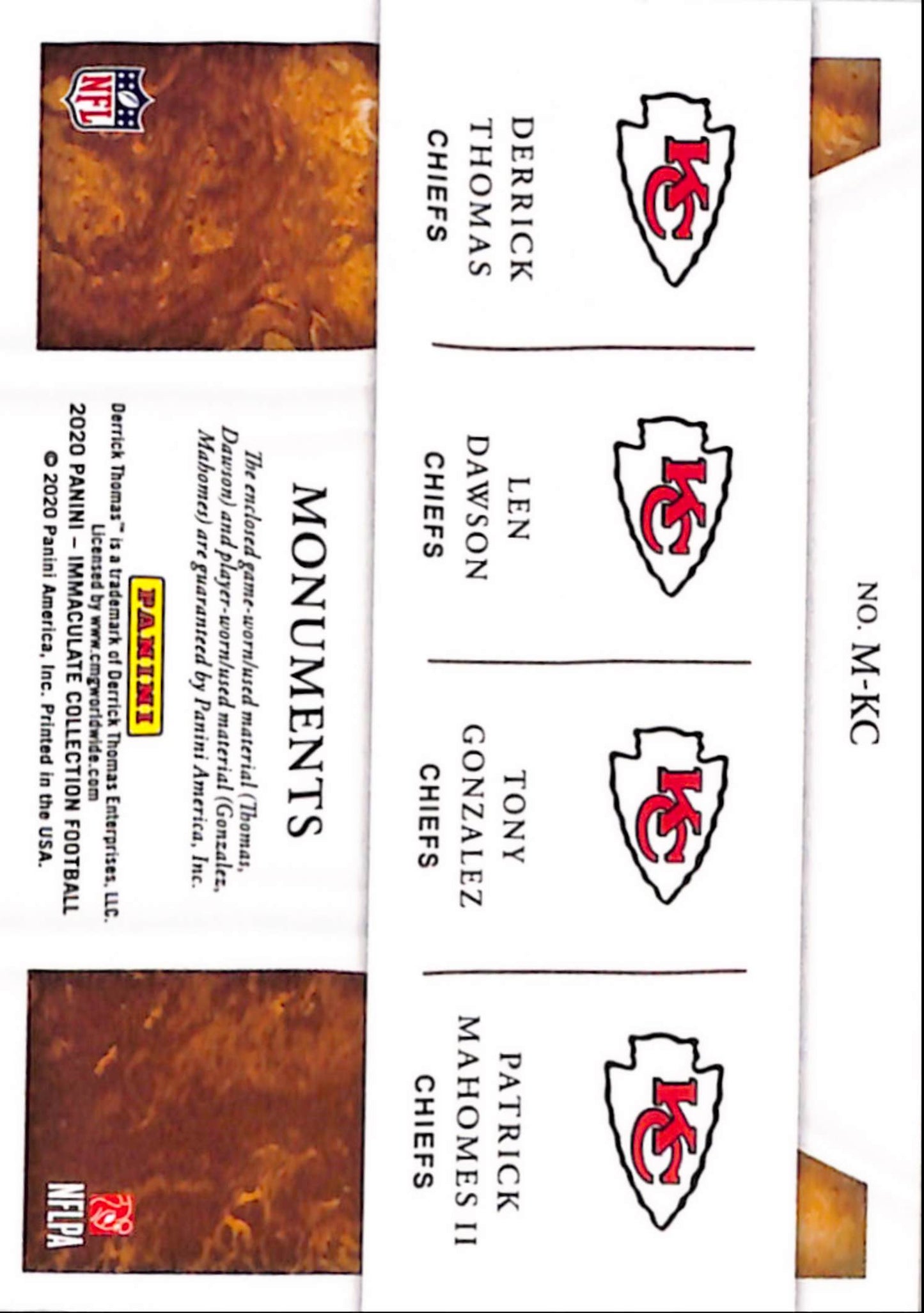 Derrick Thomas + Len Dawson + Tony Gonzalez + Patrick Mahomes 2020 Panini Immaculate Quad Jersey #31/49