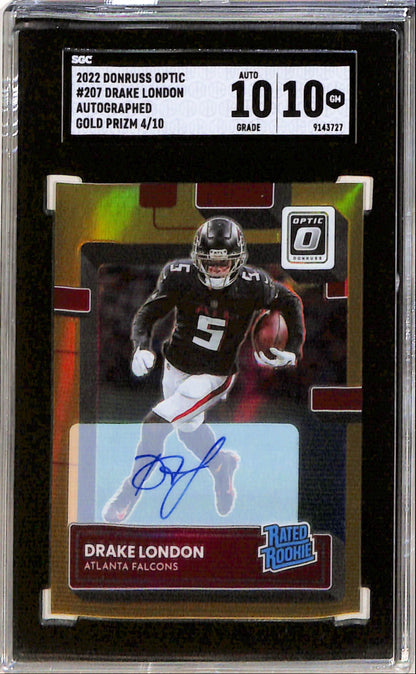 Drake London 2022 Donruss Optic Gold Prizm Auto #4/10 SGC 10 Auto 10