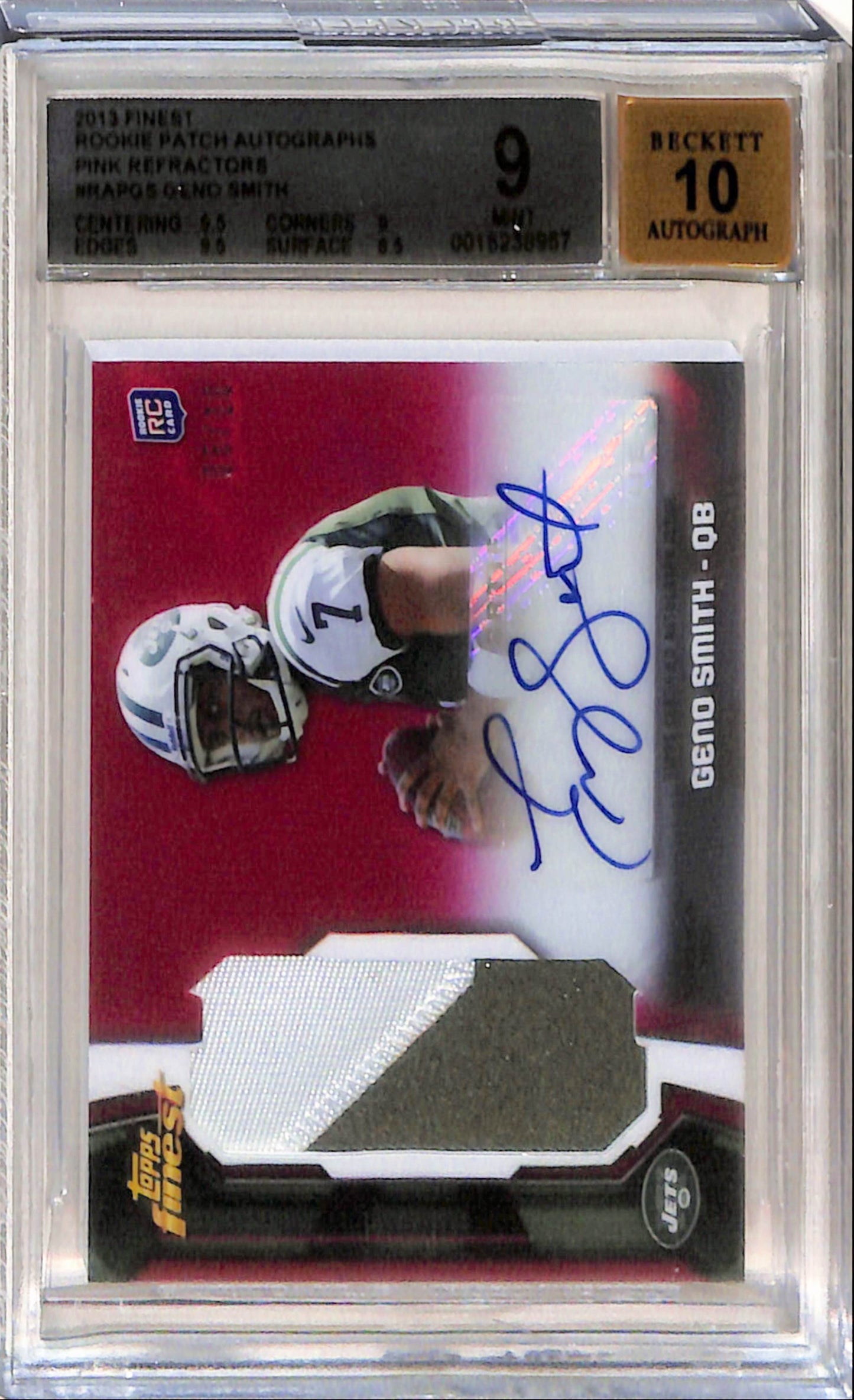 Geno Smith 2013 Topps Finest Pink Refractor Rookie Patch Auto #8/10 BGS 9 Auto 10