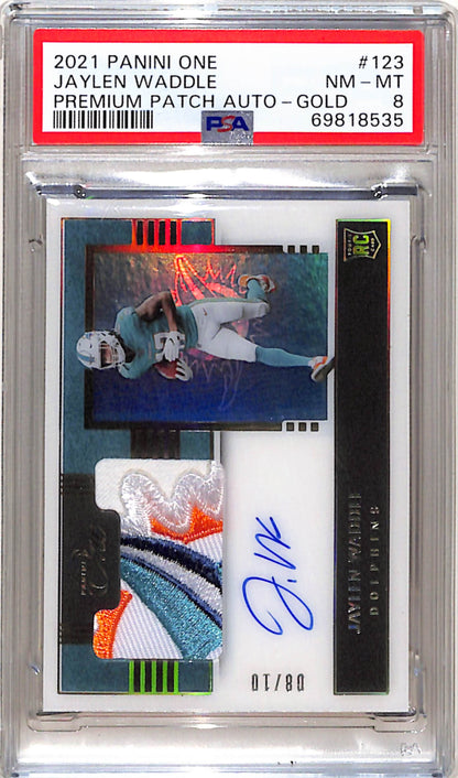 Jaylen Waddle 2021 Panini One Gold Rookie Patch Auto #8/10 PSA 8 Nm-Mint