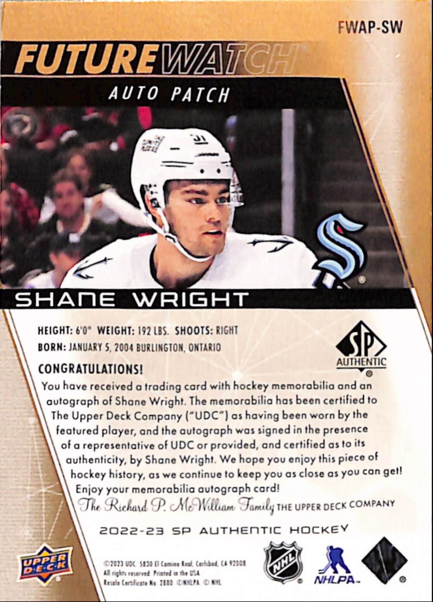 Shane Wright 2002 Upper Deck SP Authentic Future Watch Auto Patch #81/100