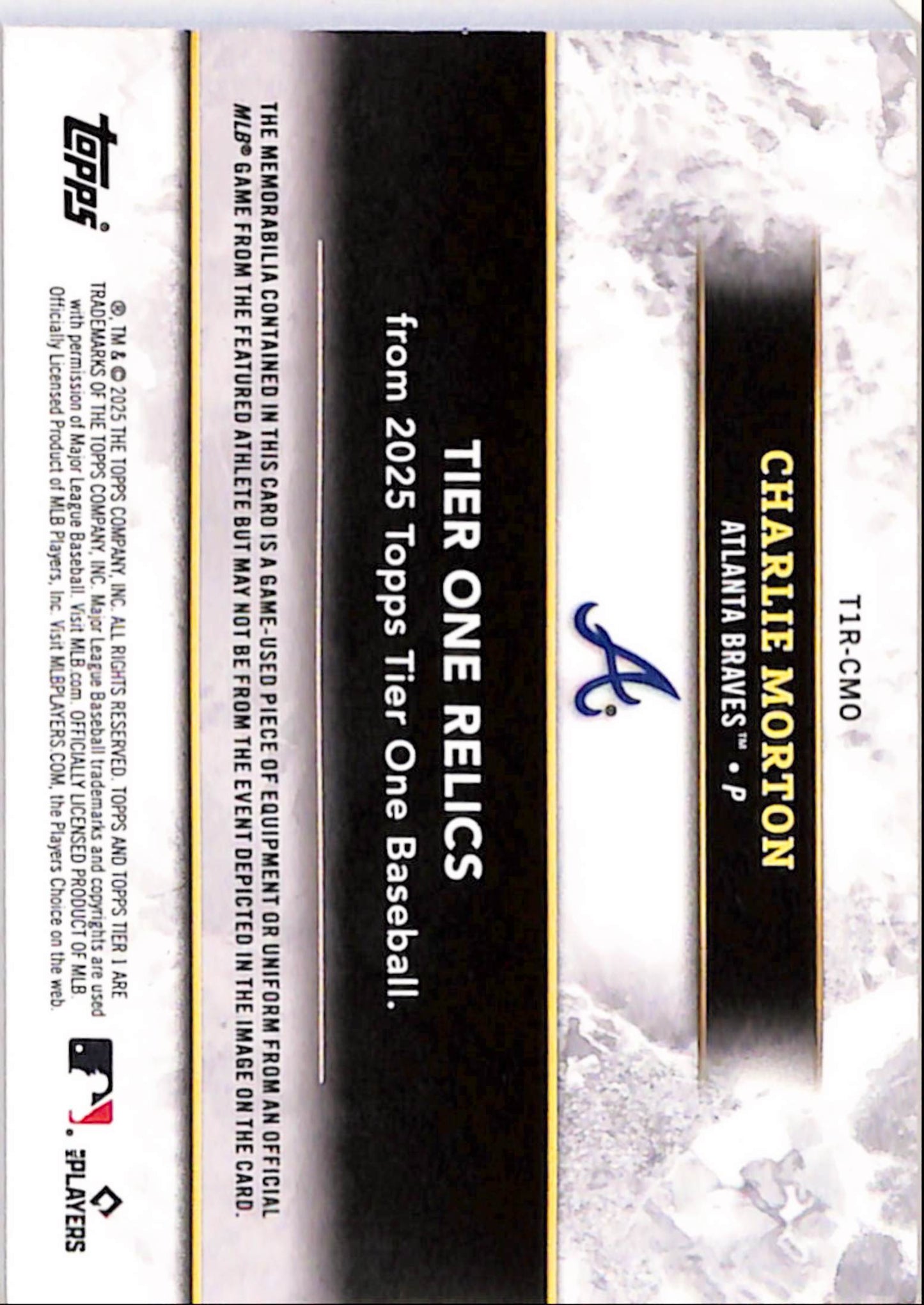 Charlie Morton 2025 Topps Tier One Button Relic #1/5