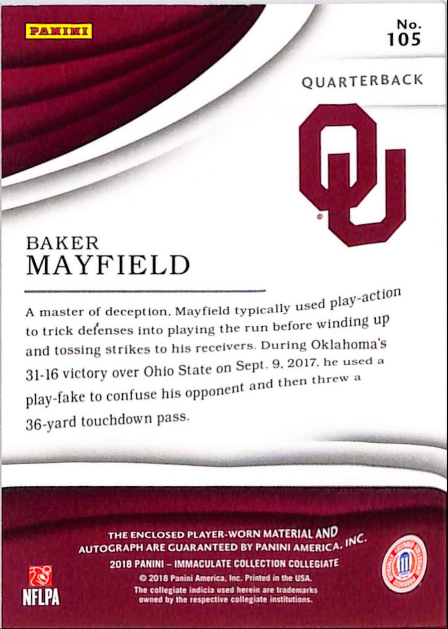 Baker Mayfield 2018 Panini Immaculate Collegiate Gold Rookie Patch Auto #15/25