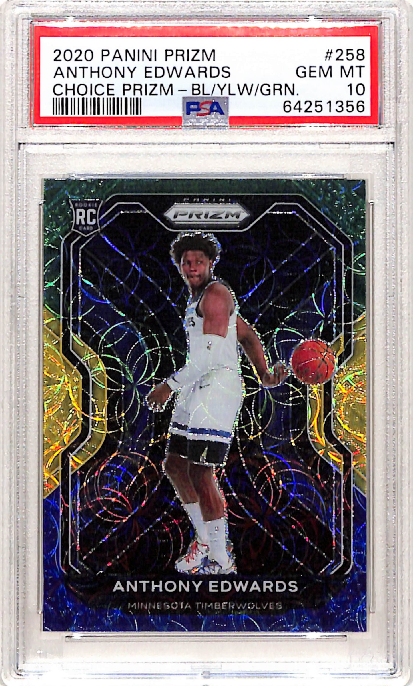 Anthony Edwards 2020 Panini Prizm #258 Choice Blue/Yellow/Green PSA 10 Gem Mint