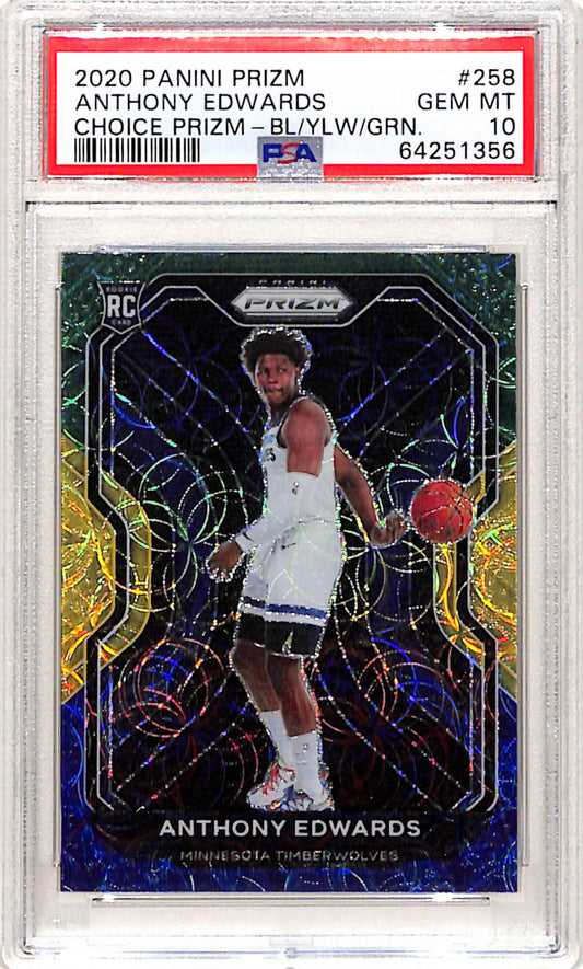 Anthony Edwards 2020 Panini Prizm #258 Choice Blue/Yellow/Green PSA 10 Gem Mint