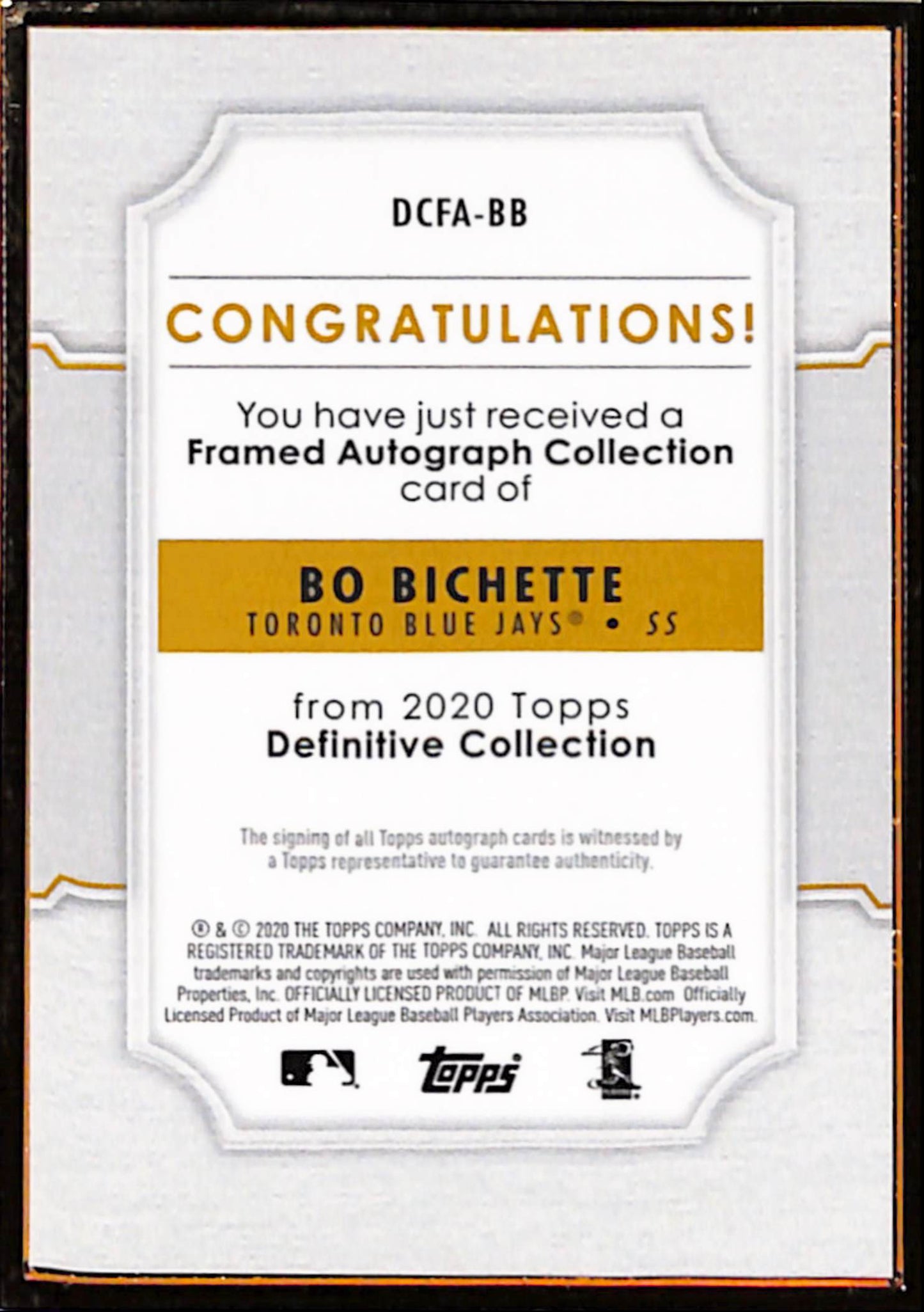 Bo Bichette 2020 Topps Definitive Purple Gold Framed Rookie Auto #10/10