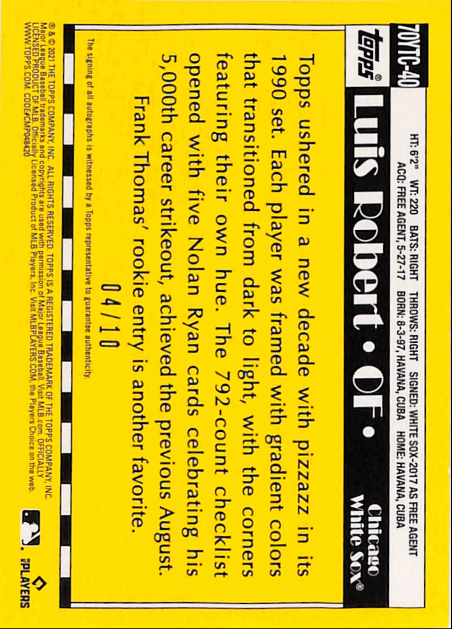 Luis Robert 2021 Topps 70th Anniversary Auto #4/10