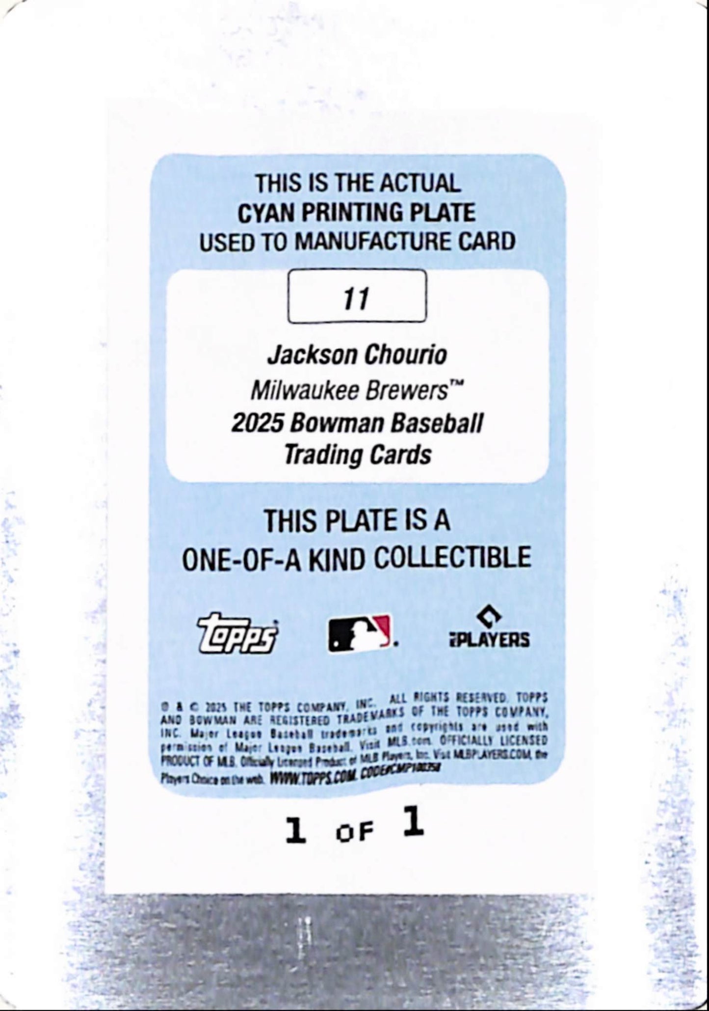 Jackson Chourio 2025 Bowman #11 Cyan Printing Plate #1/1