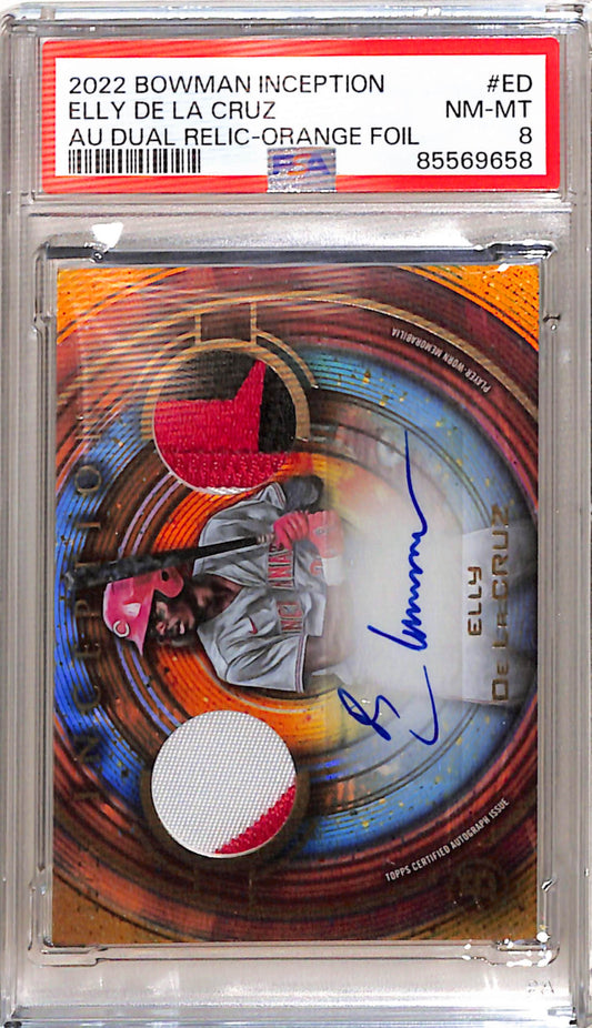 Elly De La Cruz 2022 Bowman Inception 01/25 Dual Auto Relic Orange Foil PSA 8 Near Mint-Mint