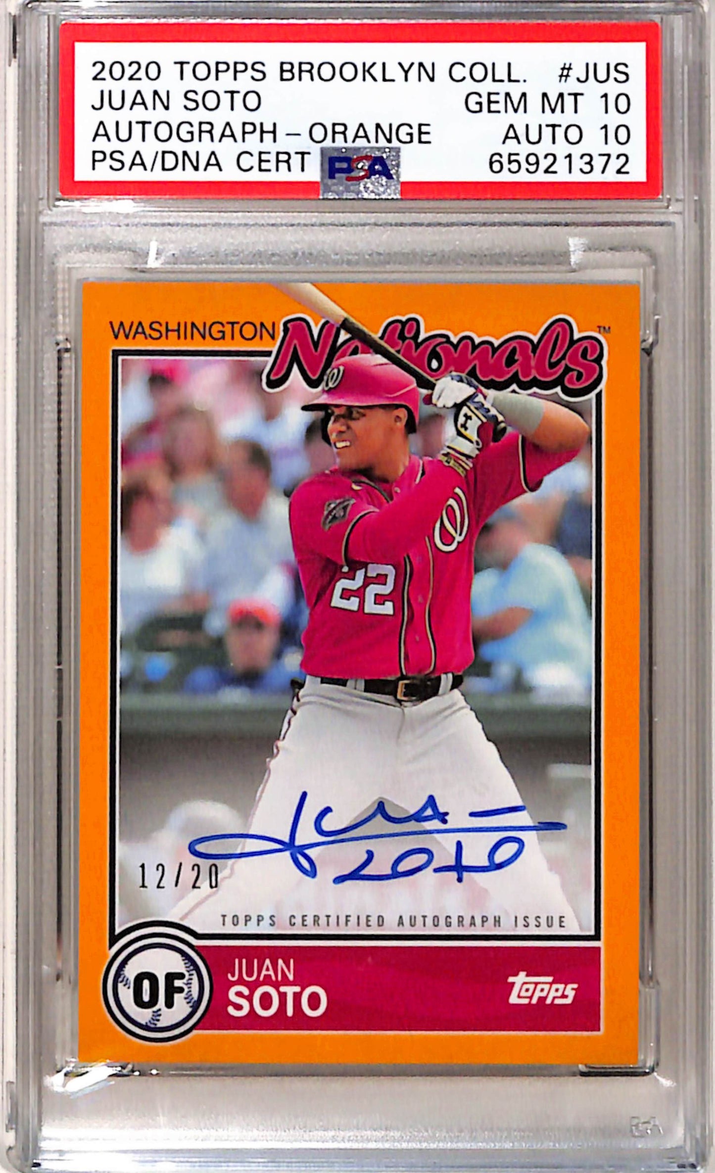 Juan Soto 2020 Topps Brooklyn Collection Orange Auto #12/20 PSA 10 Auto 10