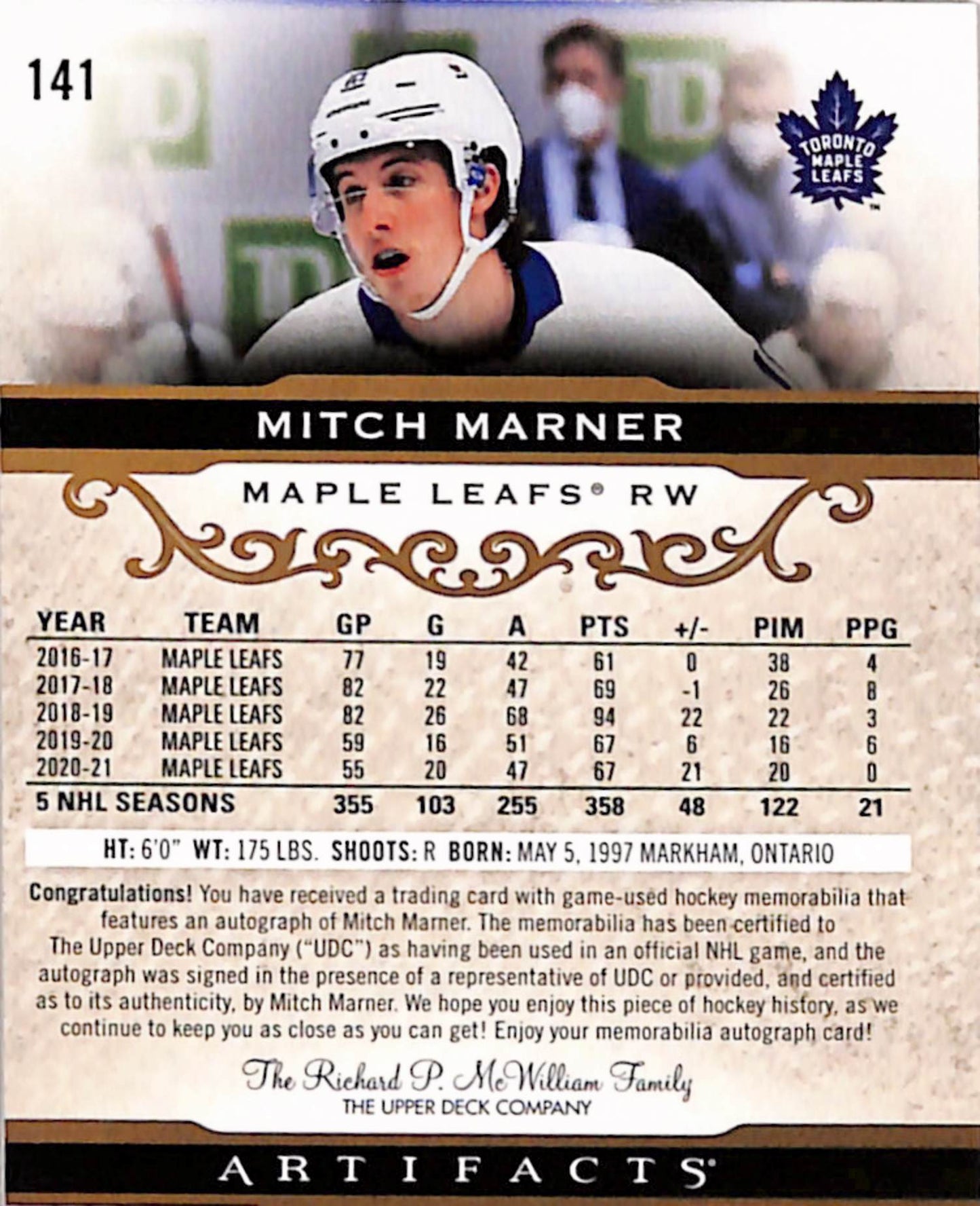 Mitch Marner 2021 Upper Deck Artifacts Dual Jersey Auto #19/25