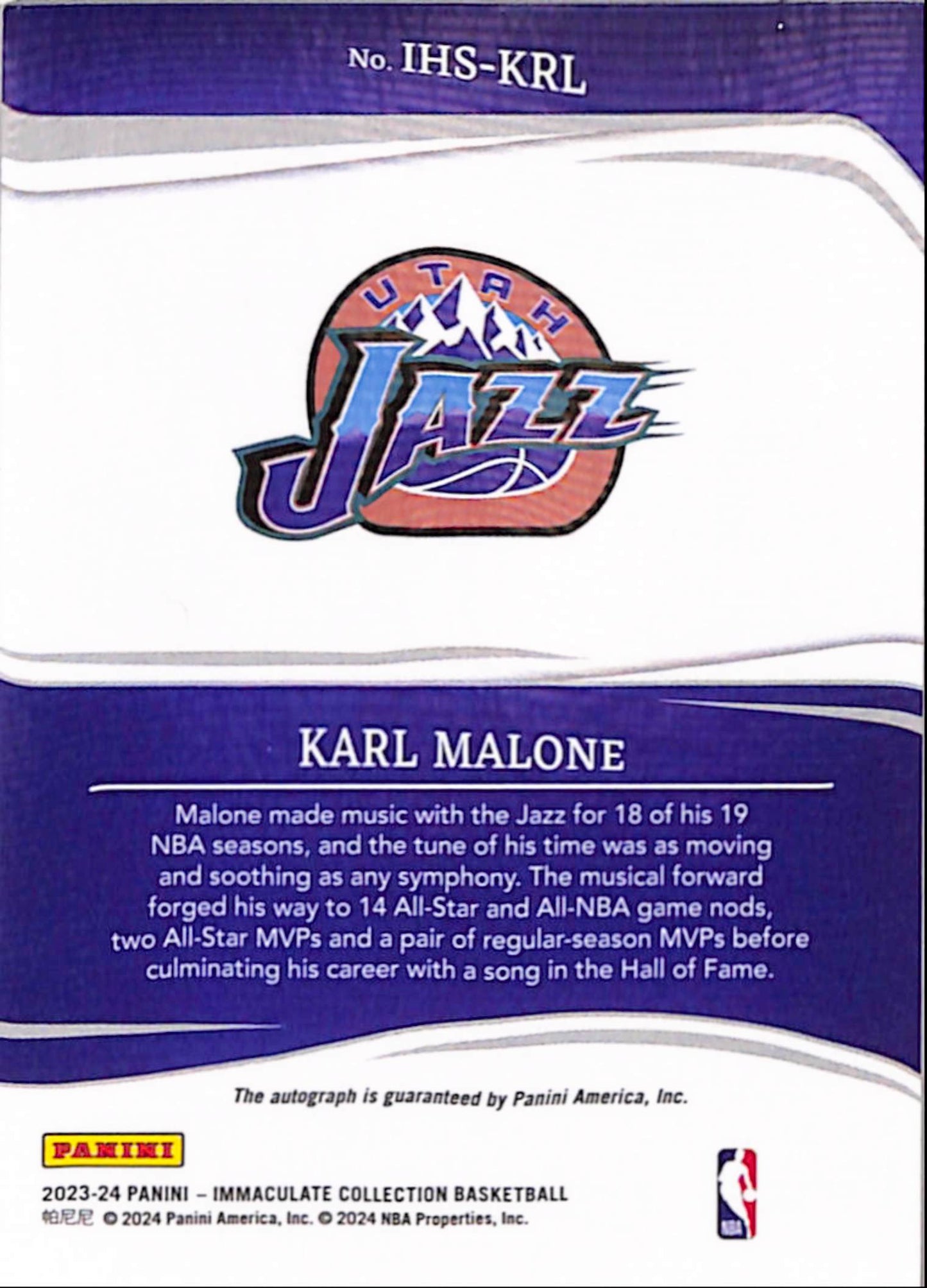 Karl Malone 2023 Panini Immaculate Heralded Signatures Auto #14/49