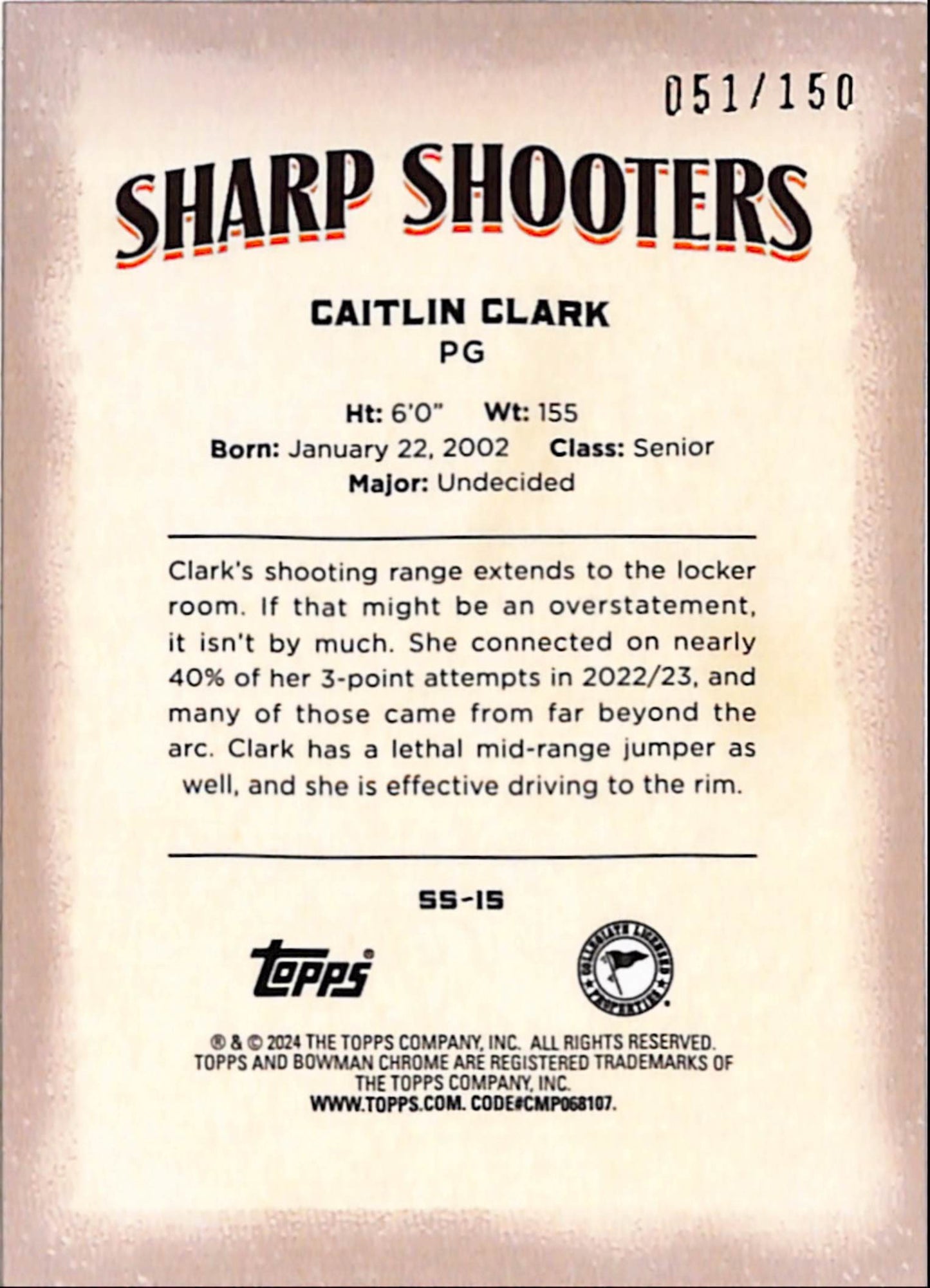 Caitlin Clark 2024 Bowman Chrome U Sharpshooters Raywave #51/150