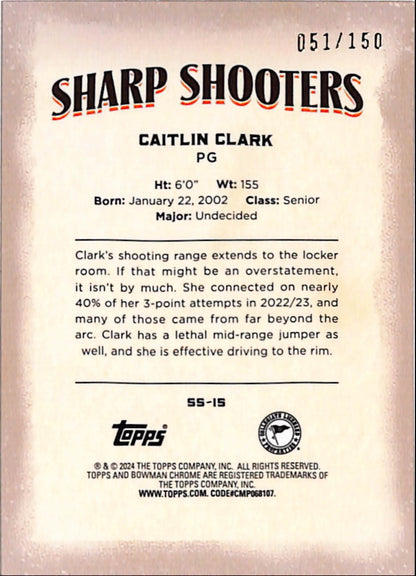 Caitlin Clark 2024 Bowman Chrome U Sharpshooters Raywave #51/150
