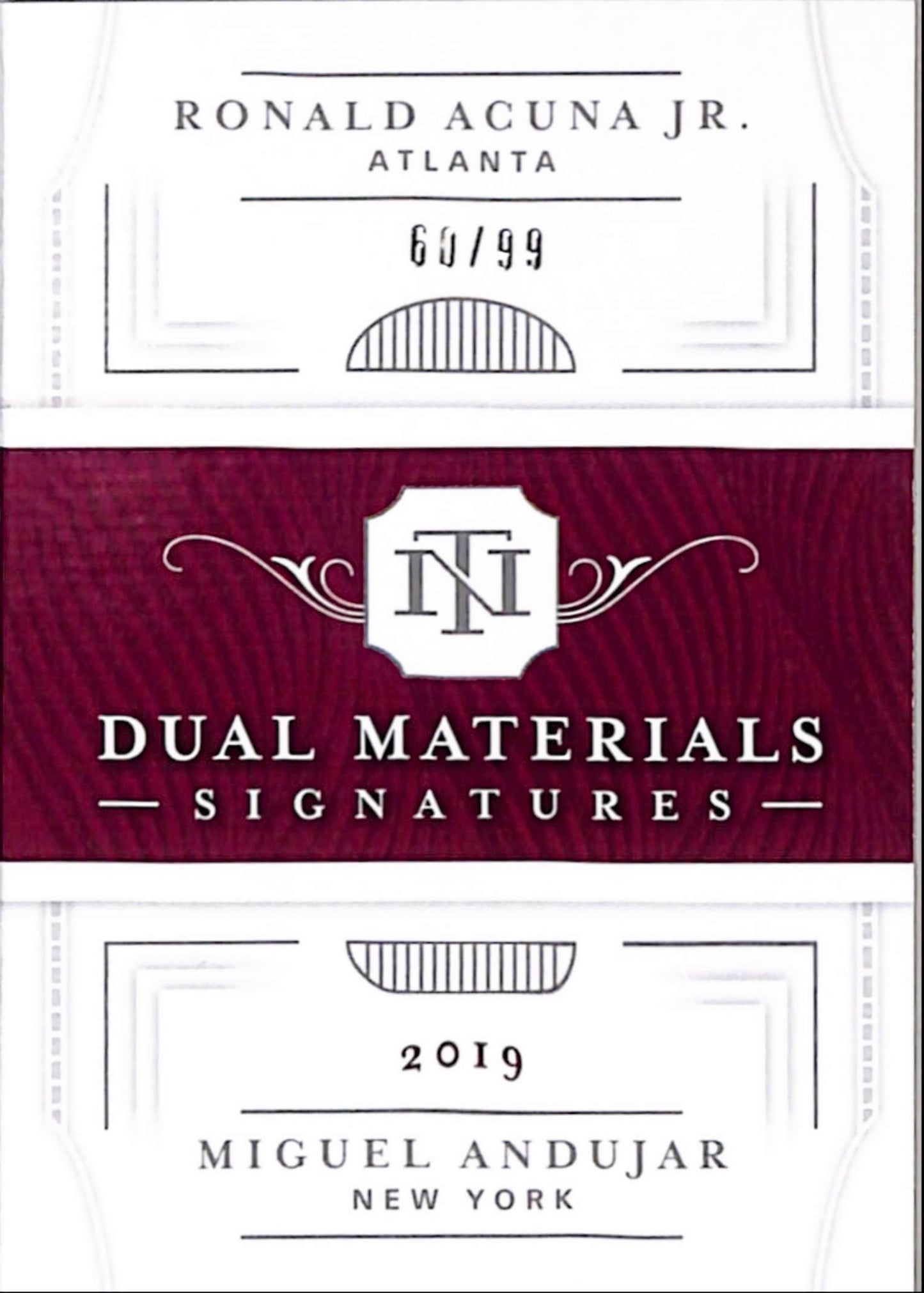 Ronald Acuna Jr. + Miguel Andujar 2019 Panini National Treasures Bookley Dual Jersey Auto #60/99