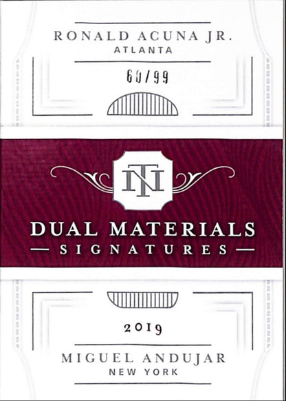 Ronald Acuna Jr. + Miguel Andujar 2019 Panini National Treasures Bookley Dual Jersey Auto #60/99