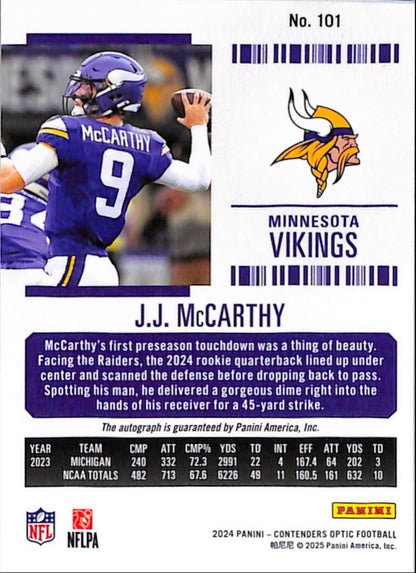 JJ McCarthy 2024 Panini Contenders Optic #101 Rookie Auto