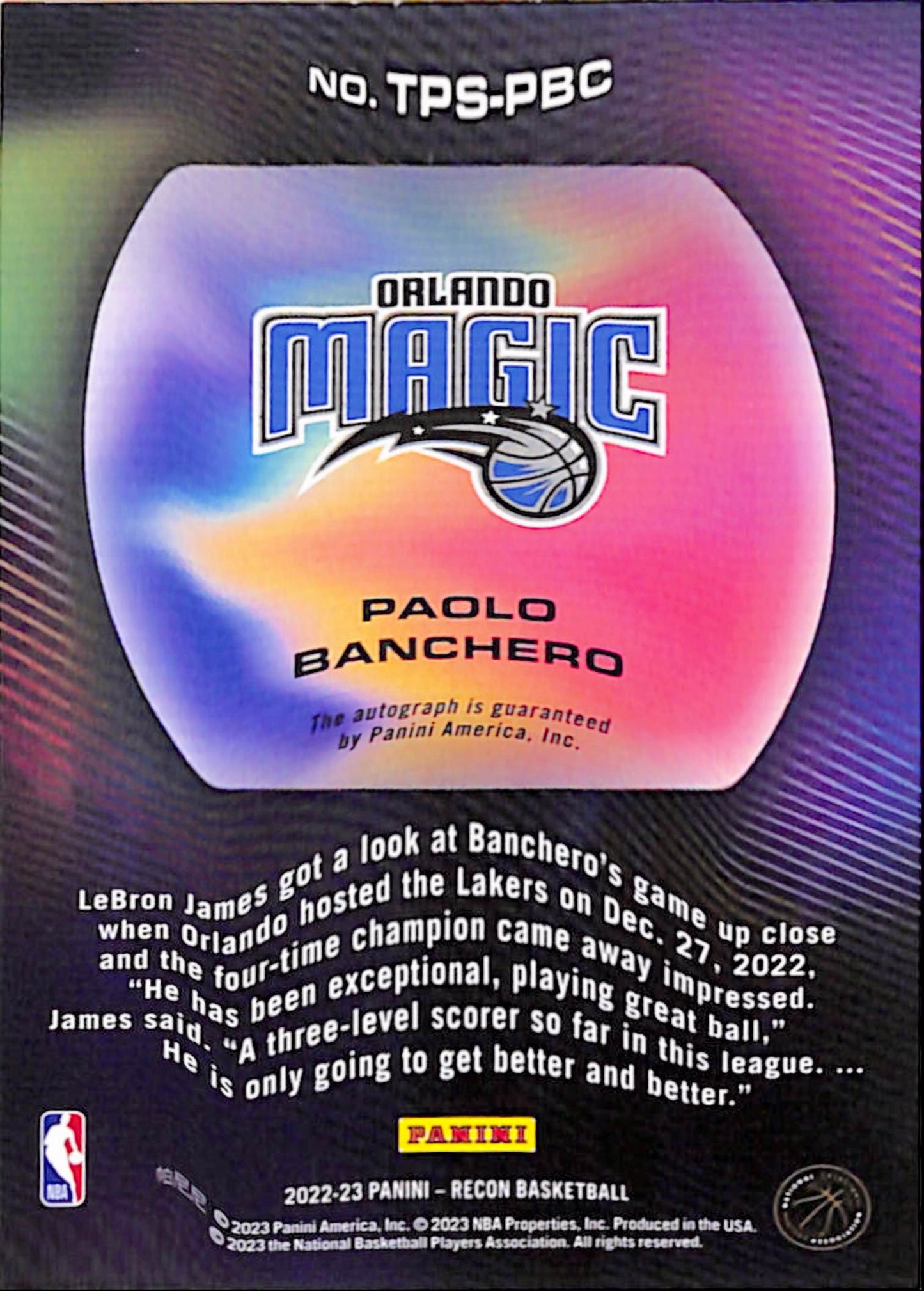 Paolo Banchero 2022 Panini Recon True Potential Purple Rookie Auto #7/25